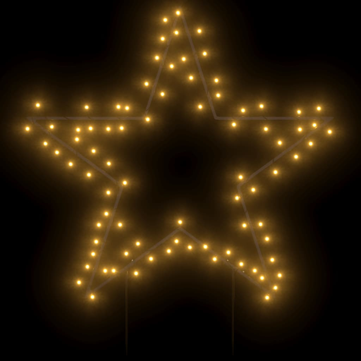 Eine große, sternförmige Leuchte mit warmgelben Lichtern. Der Stern ist mit einer Reihe von Lichtern auf schwarzem Hintergrund umrandet.
