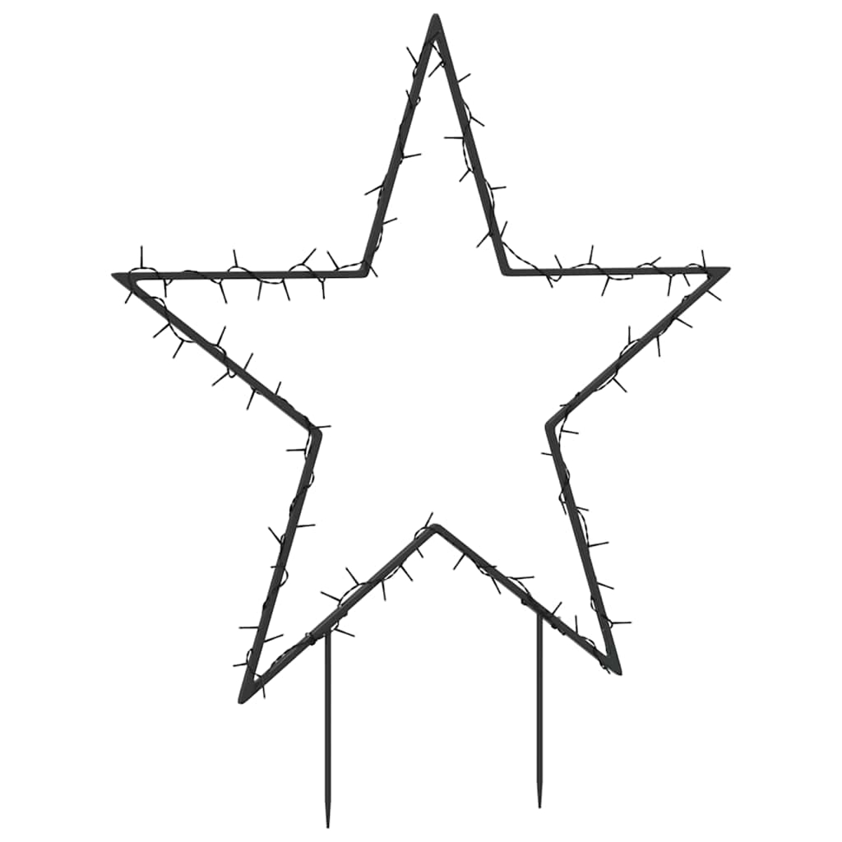 Eine schwarze Metallsternkontur mit kleinen Lichtern darum. Zwei Pfähle unten zur Platzierung auf dem Boden vor weißem Hintergrund.