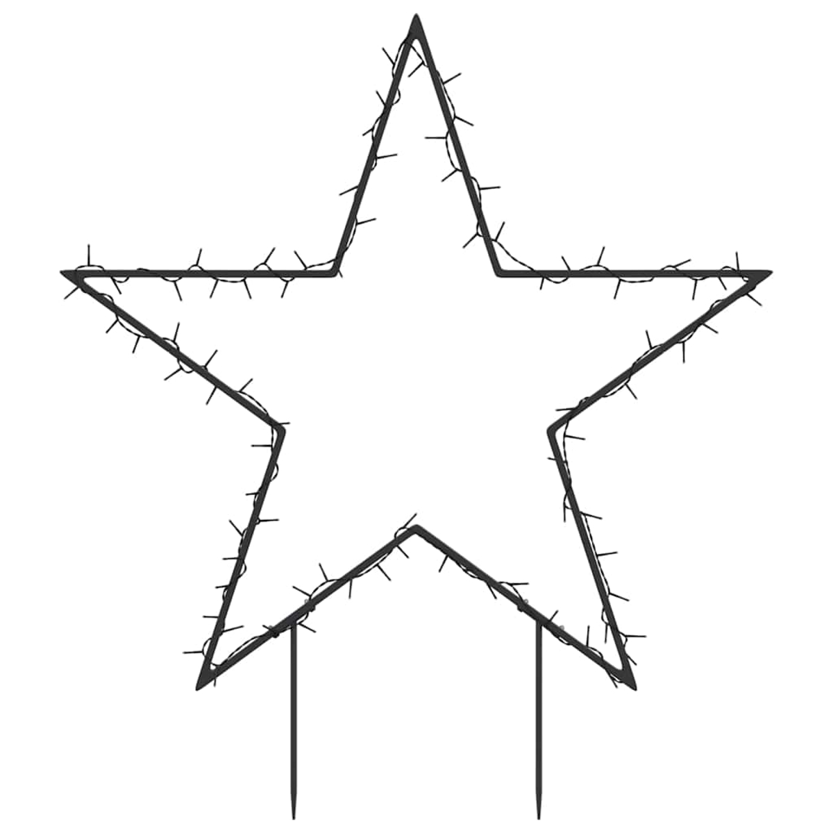 Eine schwarze Metallsternkontur mit angebrachten kleinen Lichtern. Zwei Pfähle stützen den Stern. Der Hintergrund ist schlicht weiß.