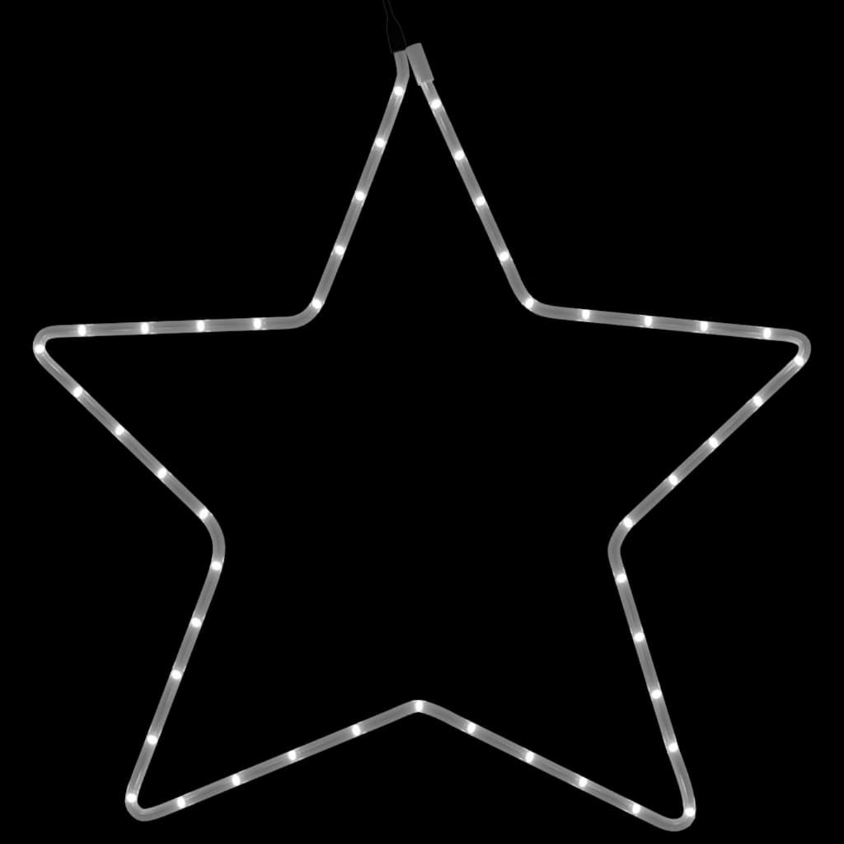 Eine weiße sternförmige Lichtkontur vor schwarzem Hintergrund. Der Stern besteht aus beleuchteten Röhren, die an Weihnachtsbeleuchtung erinnern.