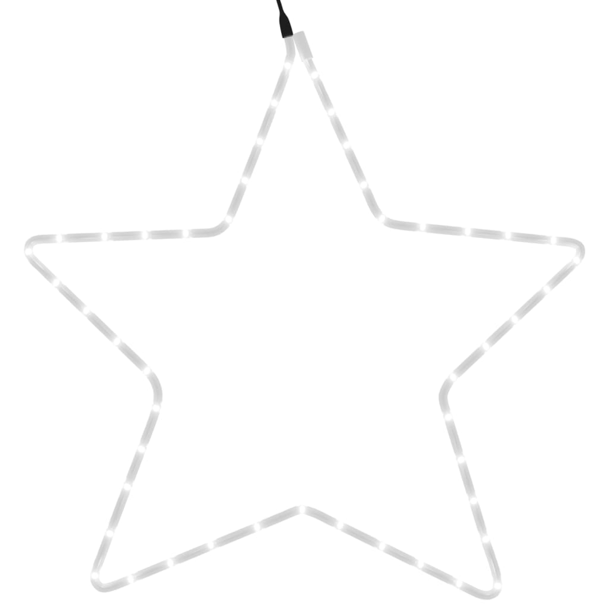Eine weiße sternförmige Leuchte mit schwarzem Netzkabel vor weißem Hintergrund. Der Stern ist von kleinen weißen Lichtern umrandet.