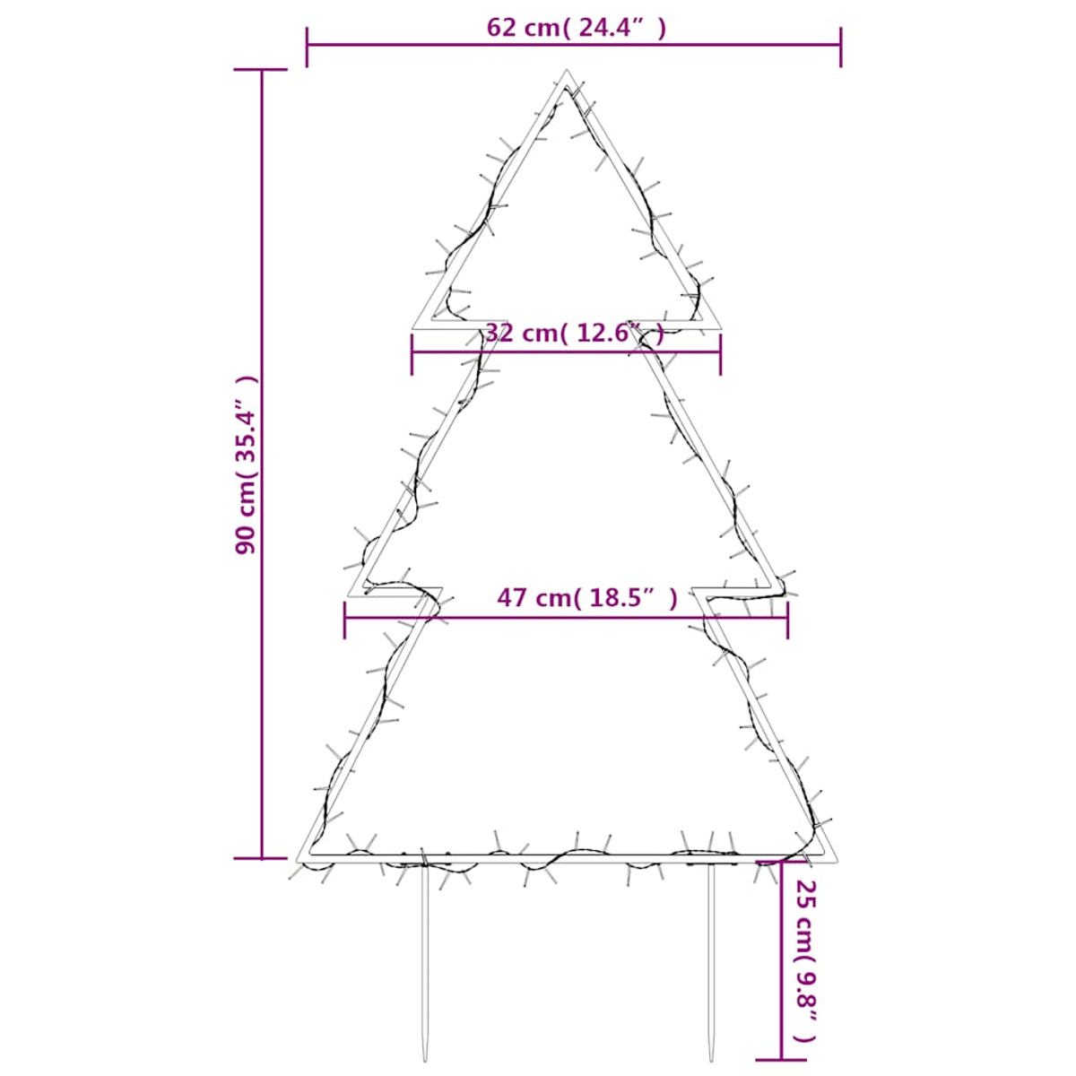 Eine weihnachtsbaumförmige Lichtstruktur mit markierten Abmessungen. Es besteht aus weißem Metall mit Lichtern und zwei Pfählen unten.
