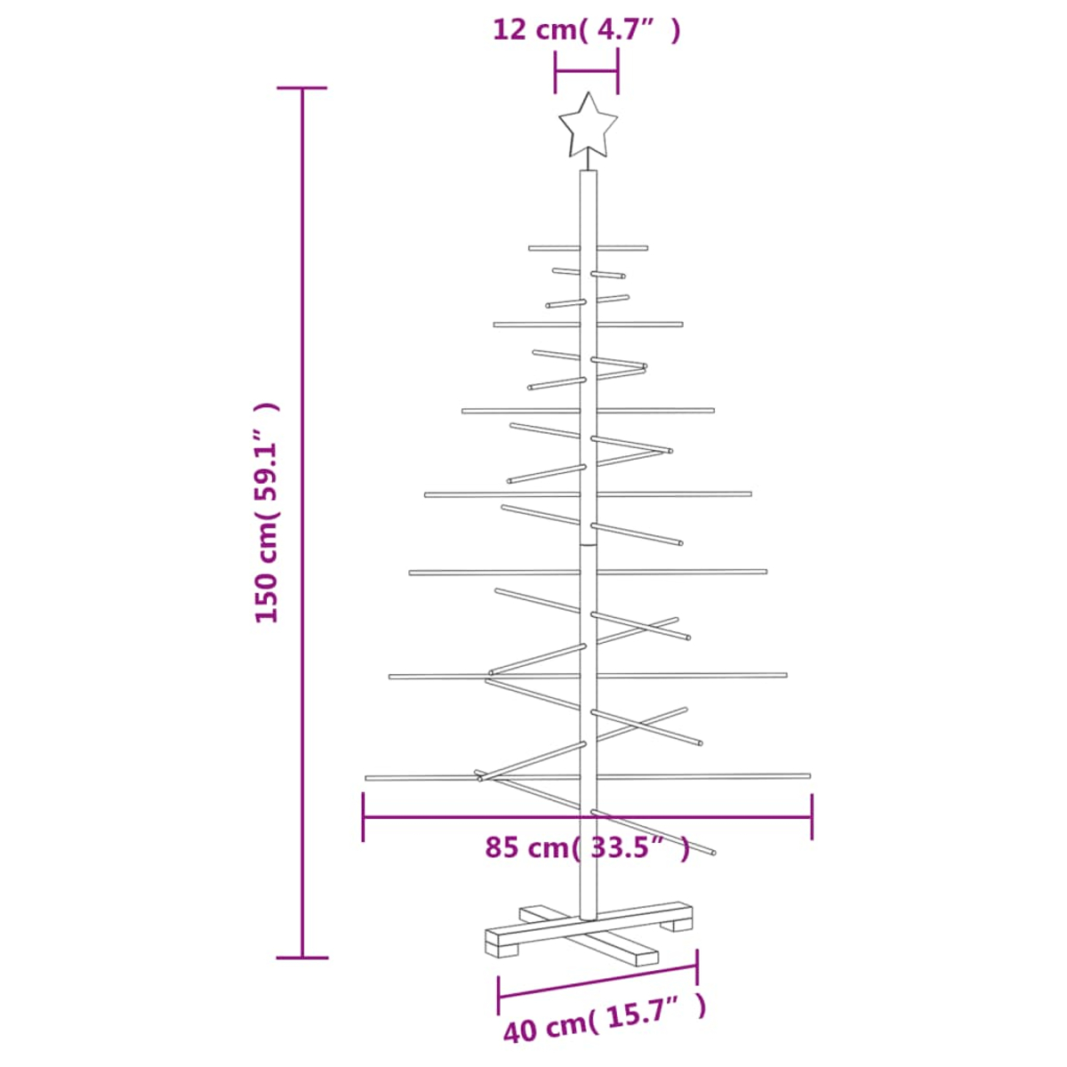 Eine Strichzeichnung eines Weihnachtsbaums aus Holz. Maße sind beschriftet: Höhe 150cm, Breite 85cm, Basis 40cm, Stern 12cm.