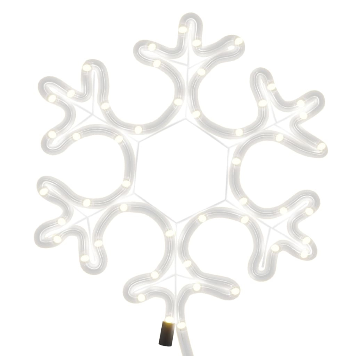 Eine weiße, beleuchtete Schneeflocken-Dekoration mit kleinen Lichtern. Es ist auf weißem Hintergrund. Unten ist ein schwarzer Stecker zu sehen.