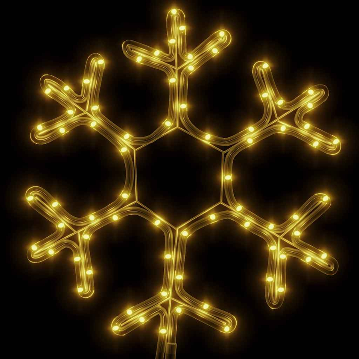 Ein leuchtender Schneeflocke aus Lichtern vor einem schwarzen Hintergrund. Die Lichter sind warm gelb, was ein festliches Aussehen erzeugt.