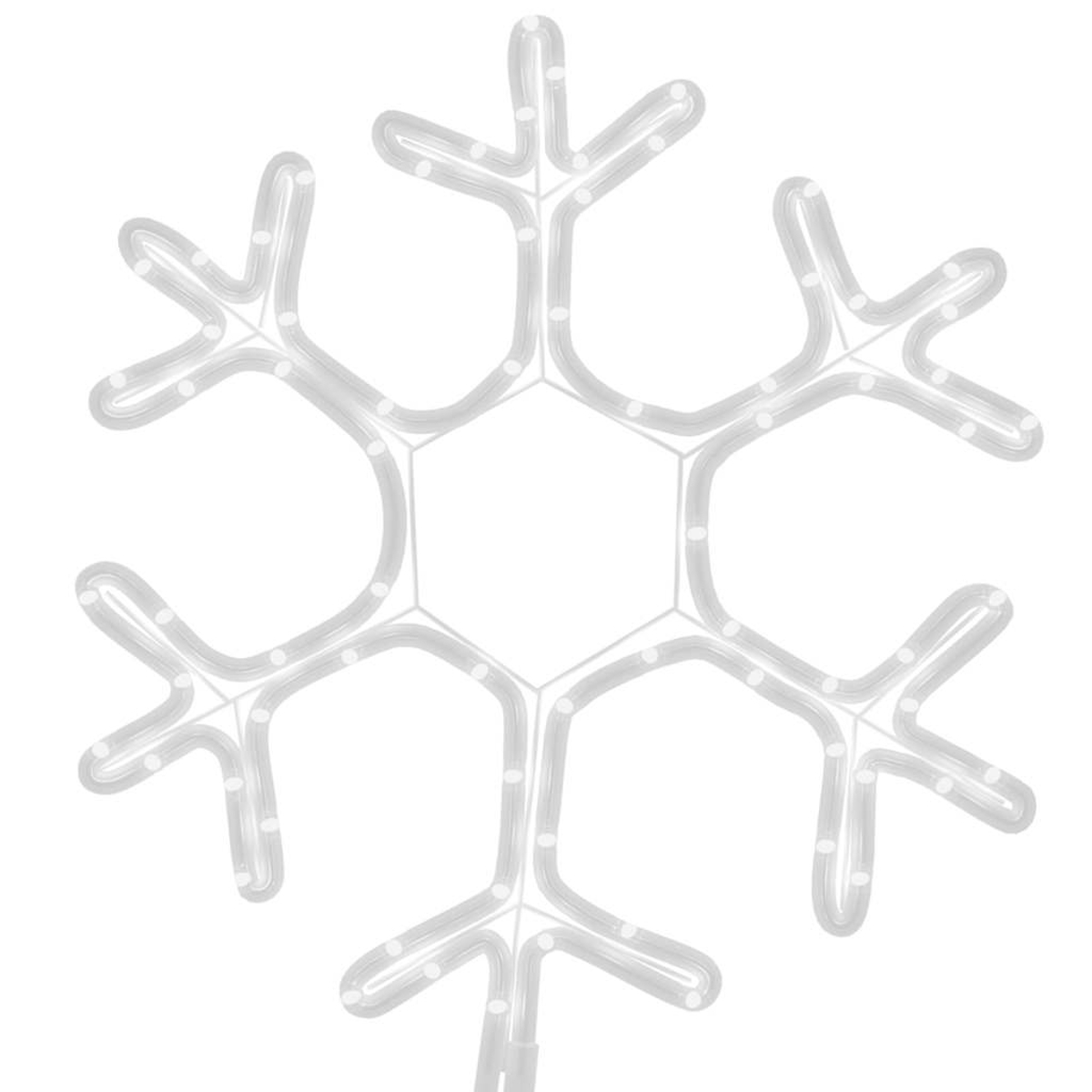 Eine weiße, schneeförmige Weihnachtsdekoration. Sie hat sechs Spitzen mit kleinen Lichtern. Der Hintergrund ist weiß.