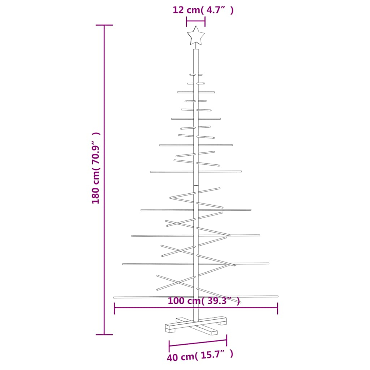 Diagramm eines hölzernen Weihnachtsbaums. Er ist 180 cm hoch und hat horizontale Balken als Äste. Oben sitzt ein Stern.