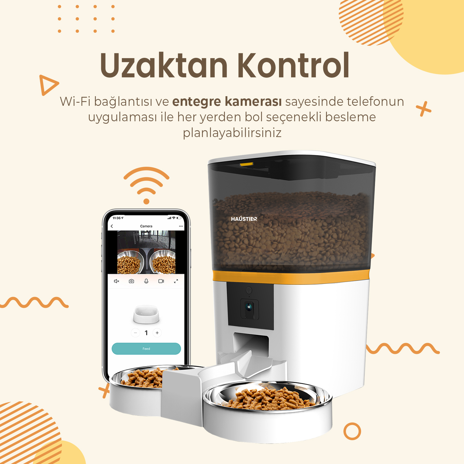 Uygulamayı gösteren bir telefonla akıllı bir evcil hayvan besleyici. Besleyici, sarı bir vurguyla beyazdır. Kaseler, yiyecekle ön planda.