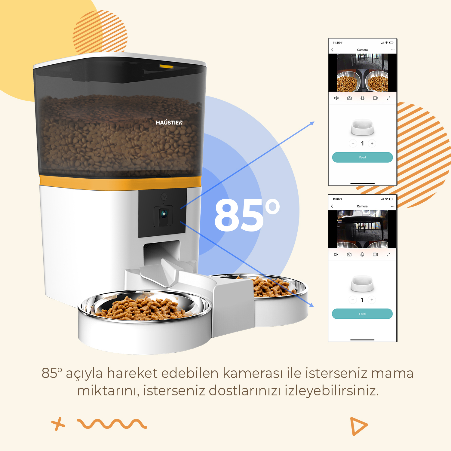 Kamera, kaplar ve yiyecek ve kontrolleri gösteren telefon uygulaması ekranları ile beyaz ve sarı bir evcil hayvan mama kabı. Açı 85 derecedir.