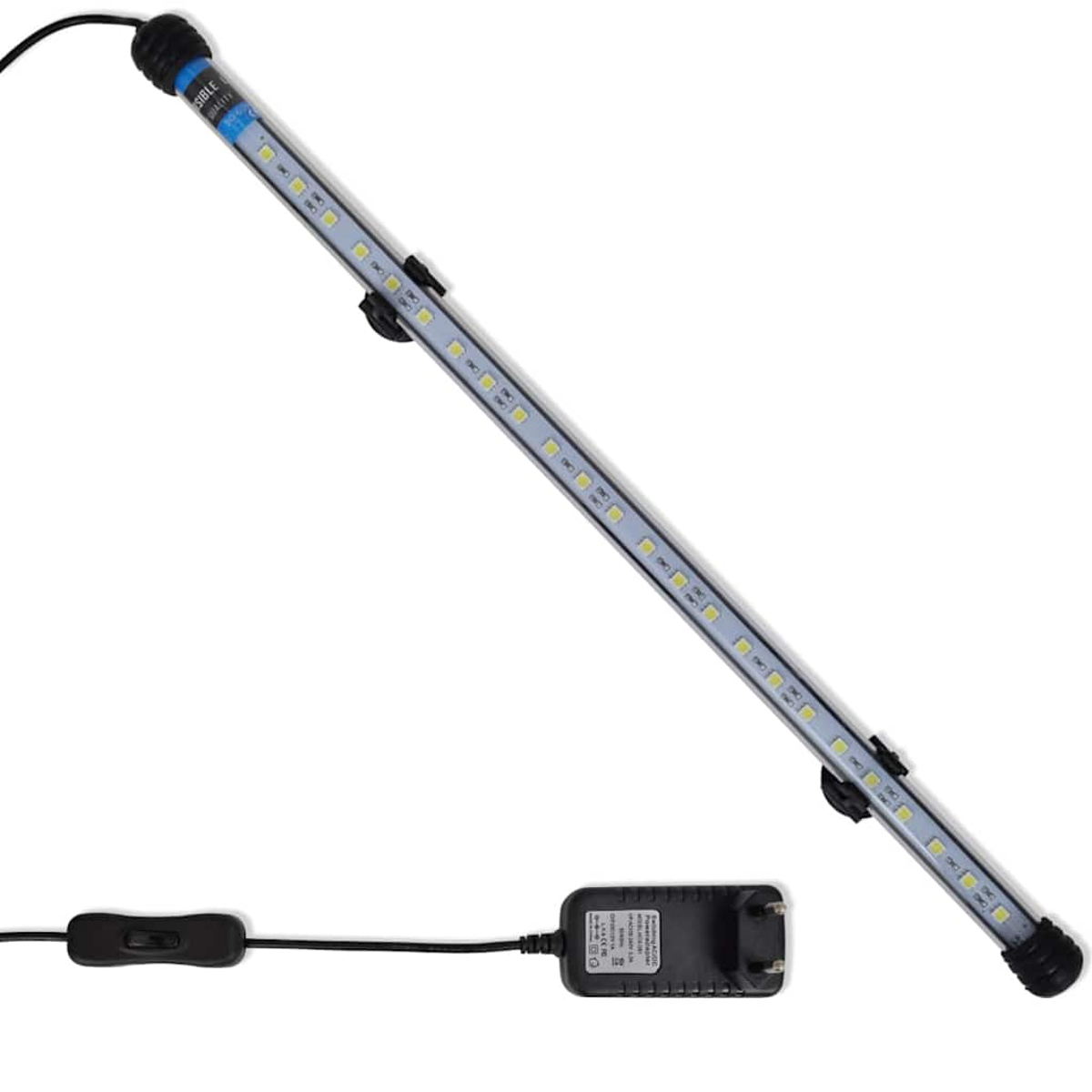 Eine Aquarium-LED-Leuchte. Es ist ein langes, weißes Rohr mit kleinen Lichtern. Enthält ein Netzteil und einen Ein-/Ausschalter.