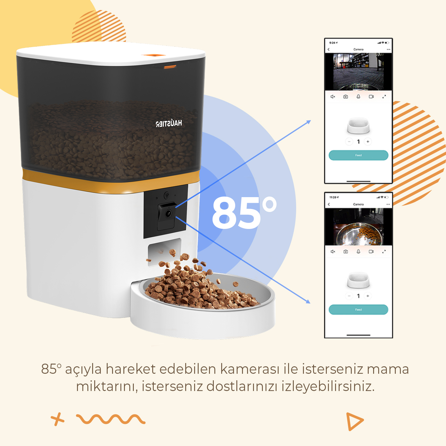 Bir kaseye mama dağıtan beyaz ve siyah bir evcil hayvan besleyici. İki telefon ekranı, kamera görünümlerini ve kontrol düğmelerini gösteriyor.