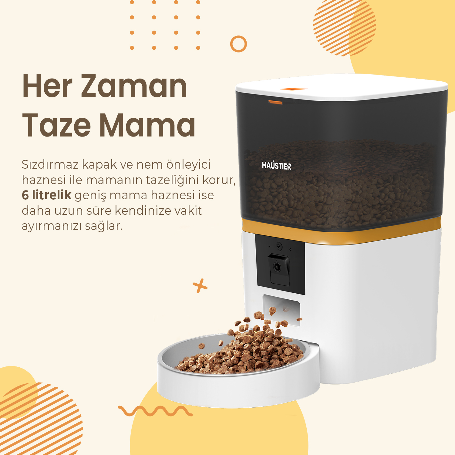 Kasede mama bulunan beyaz ve siyah bir evcil hayvan maması dağıtıcısı. Türkçe metin 'Her Zaman Taze Mama' diyor.