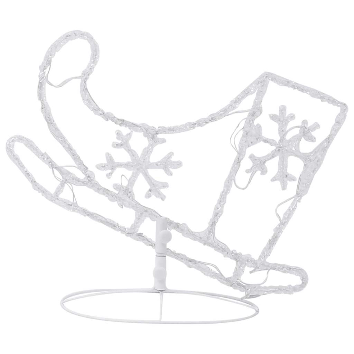 Eine weiße, beleuchtete Weihnachts-Schlitten-Dekoration mit zwei Schneeflocken. Sie steht auf einem weißen, kreisförmigen Sockel.
