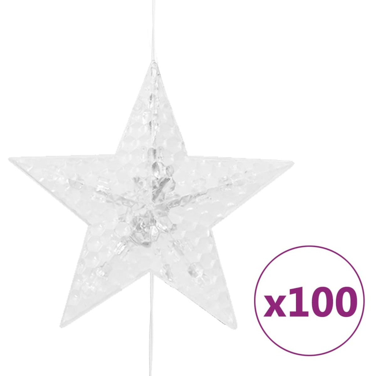 Eine klare, fünfzackige Sternverzierung, die an einem Faden hängt. Ein lila Kreis mit dem Text "x100" befindet sich unten rechts.