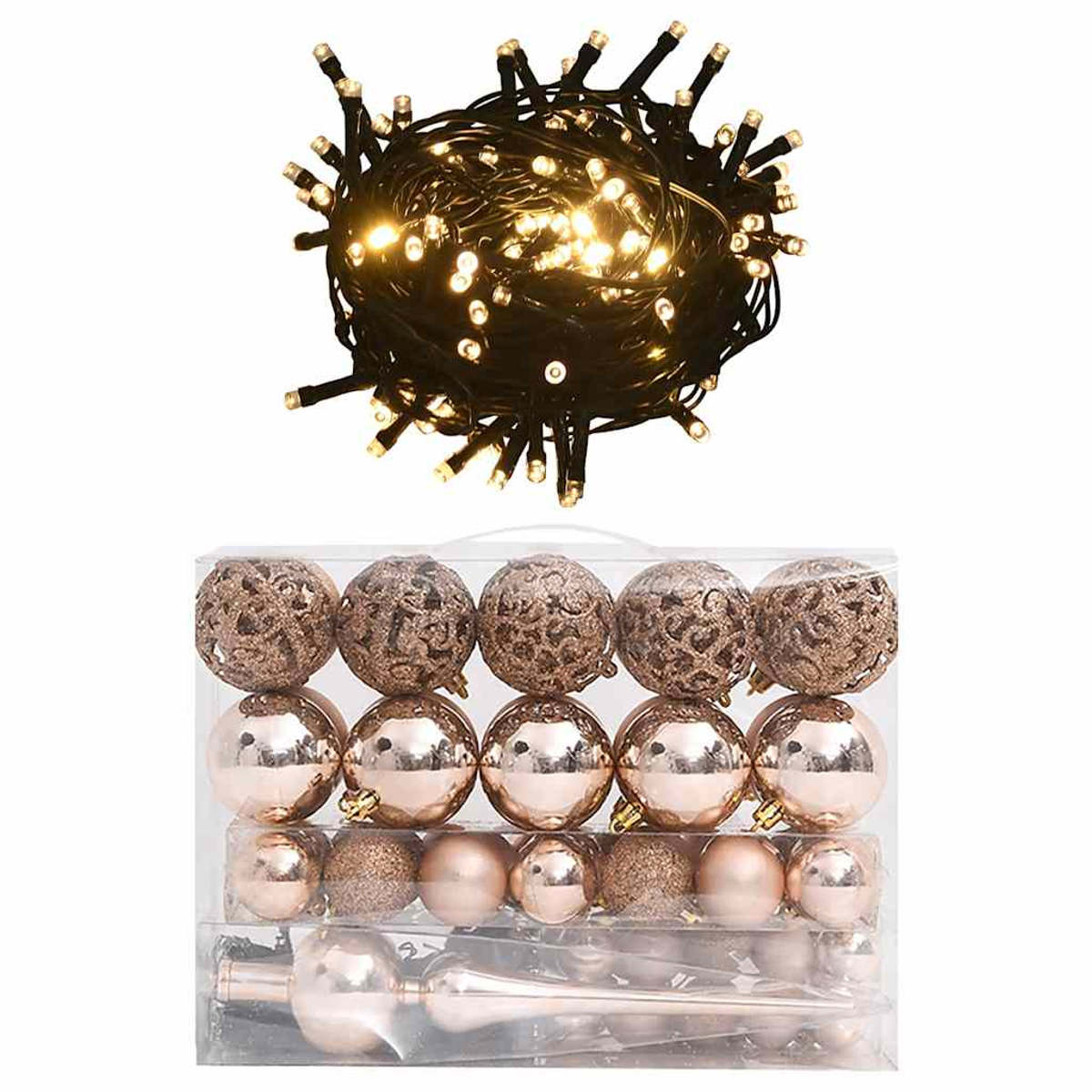Weihnachtsdekorationen: Lichterketten über einer Schachtel mit Ornamenten. Die Ornamente sind in Gold- und Roségoldtönen gehalten.
