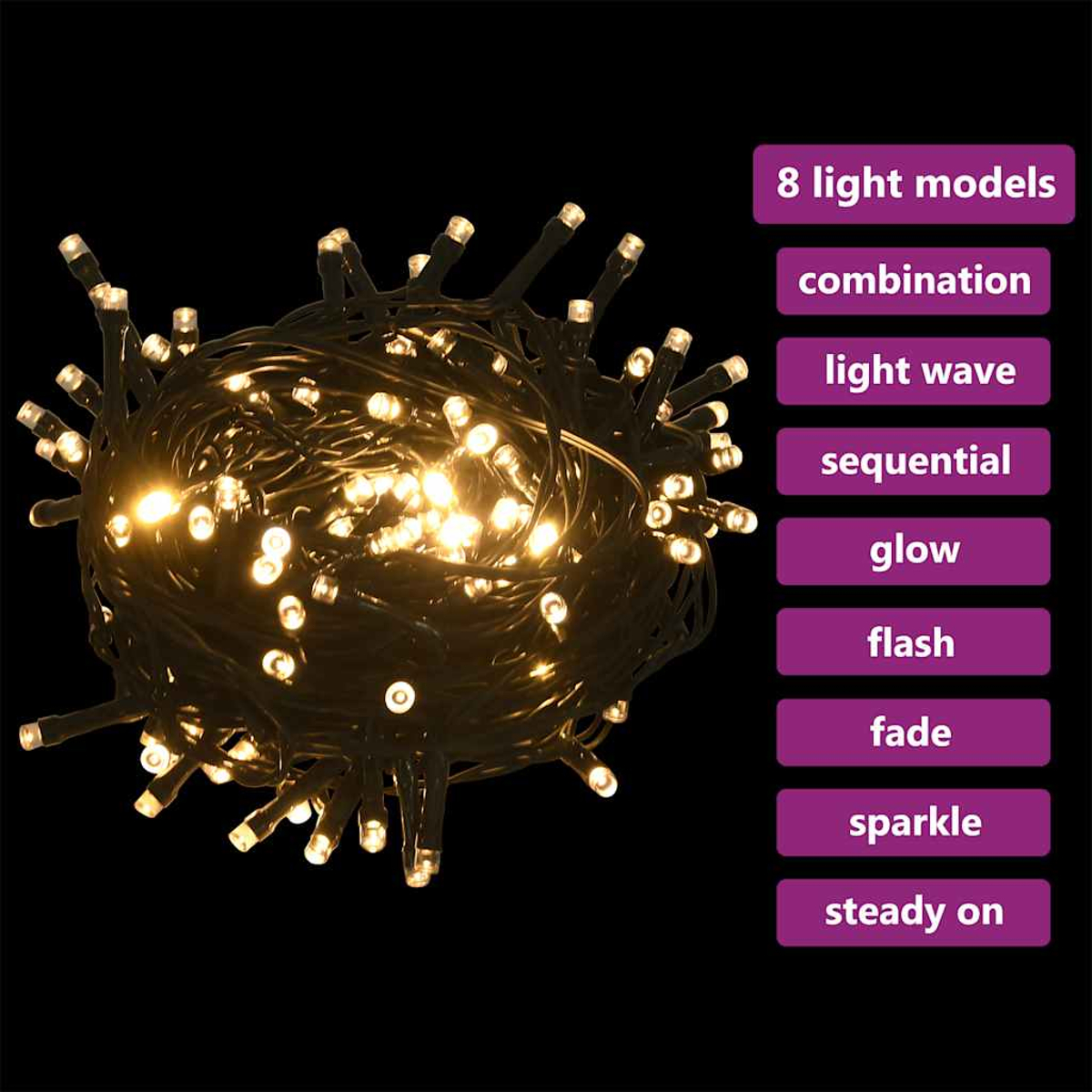 Ein Cluster aus warmweißen LED-Lichterketten. Rechts eine Liste der Lichtmodi: Kombination, Lichtwelle, sequenziell, Glimmen, Blinken, Ausblenden, Funkeln, Dauerlicht.