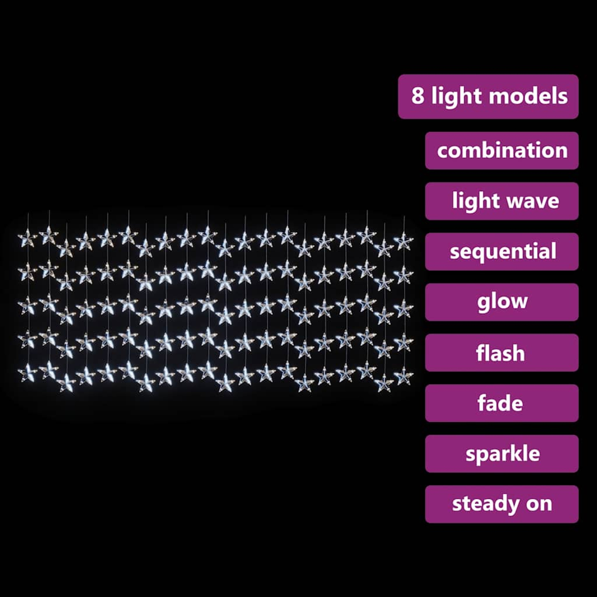 Lichterketten mit sternförmigen Lichtern auf schwarzem Hintergrund mit 8 Lichtmodellen, Kombination, Lichtwelle, sequenziell, Glimmen, Blinken, Verblassen, Funkeln.
