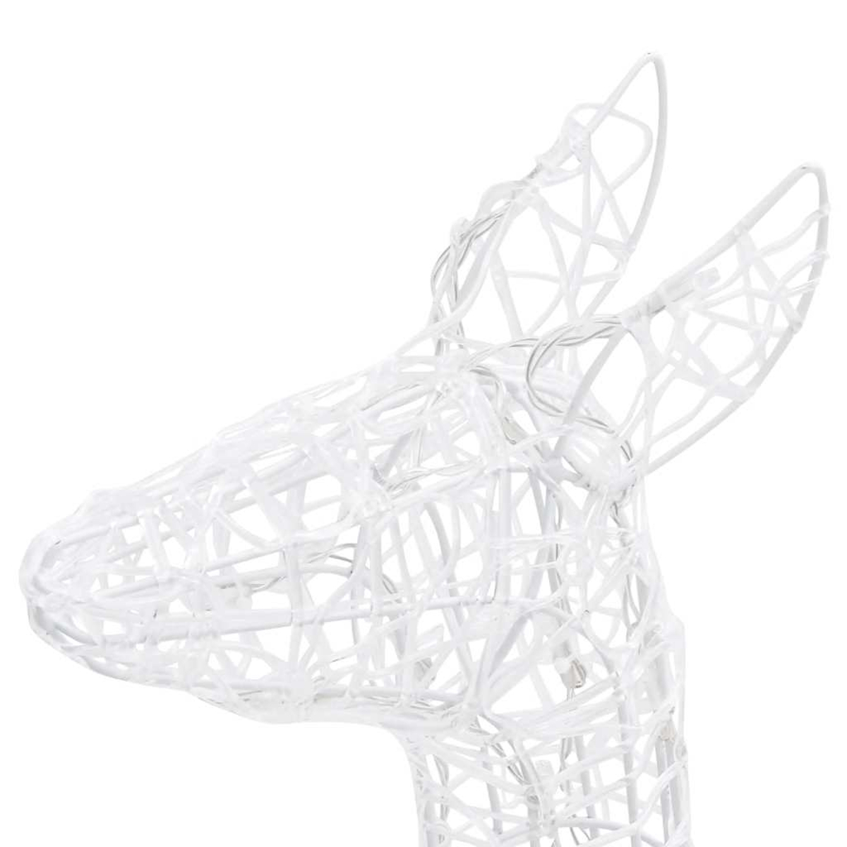 Ein weißer, drahtförmiger Hirschkopf mit großen Ohren vor weißem Hintergrund. Der Hirsch besteht aus miteinander verbundenen Linien.