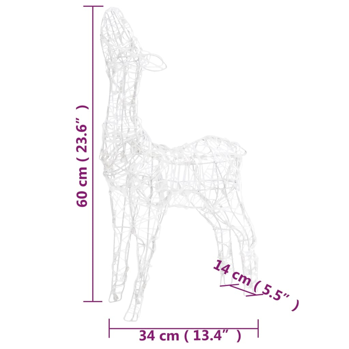 Eine weiße Drahtrahmen-Rentierdekoration. Die Abmessungen betragen 60 cm Höhe, 34 cm Länge und 14 cm Breite. Sie steht auf weißem Hintergrund.
