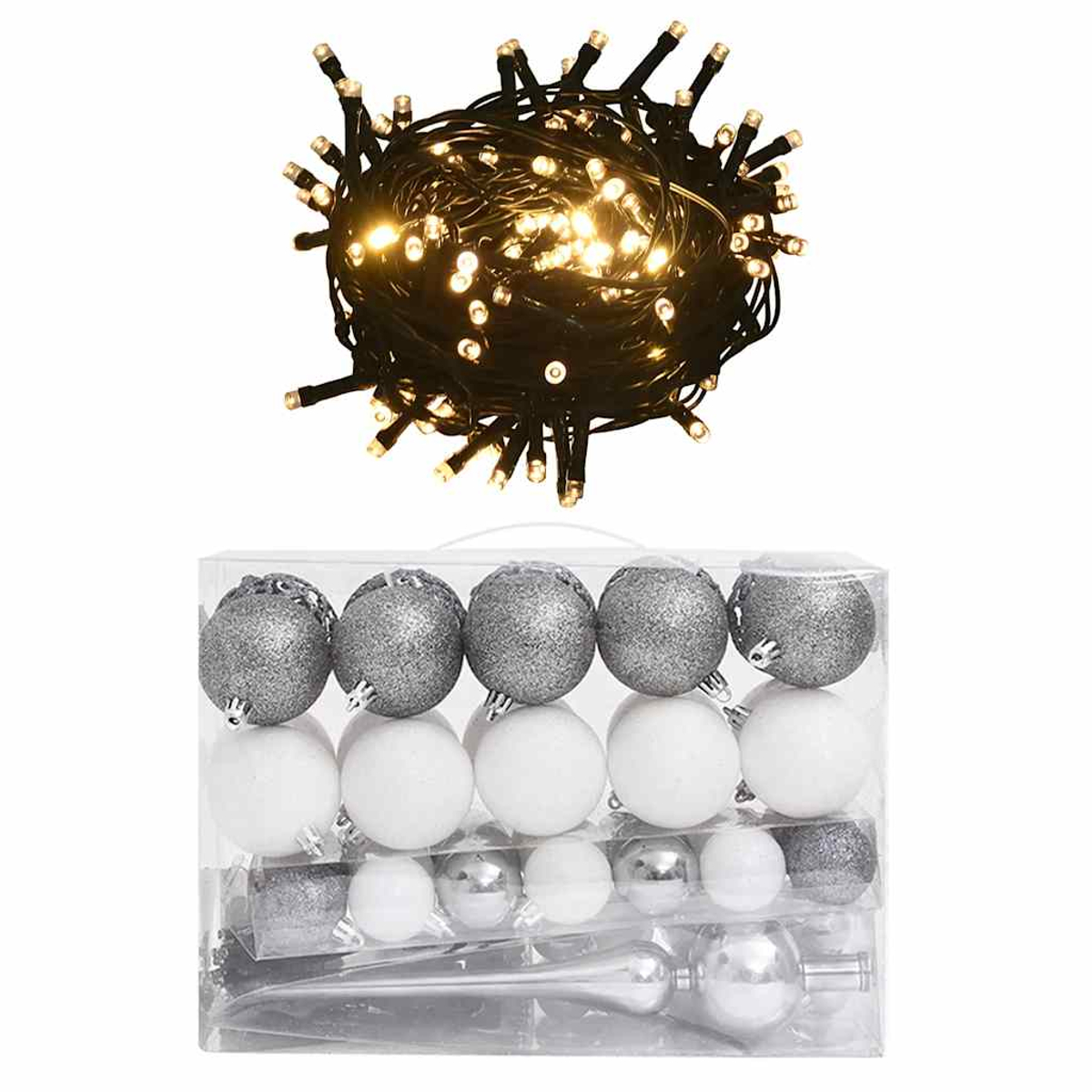 Weihnachtsbeleuchtung und -schmuck. Ein Bündel warmweißer Lichter über einer Box mit silbernen und weißen Ornamenten.