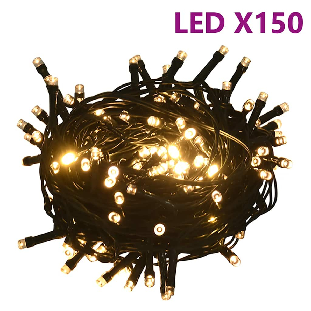 Ein Bündel LED-Lichterketten mit kleinen weißen Lichtern und dunkelgrünen Drähten. Das Etikett 'LED X150' befindet sich oben rechts.