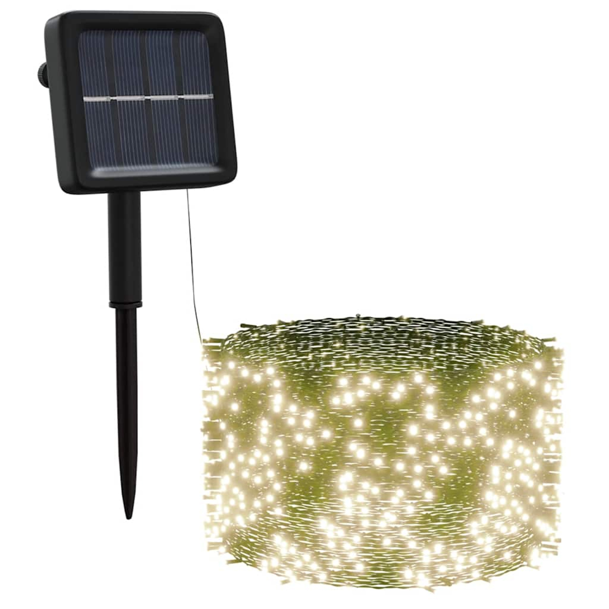 Solarbetriebene Lichterkette mit schwarzem Solarpanel, Pfahl und einem Bündel warmweißer LED-Leuchten auf weißem Hintergrund.