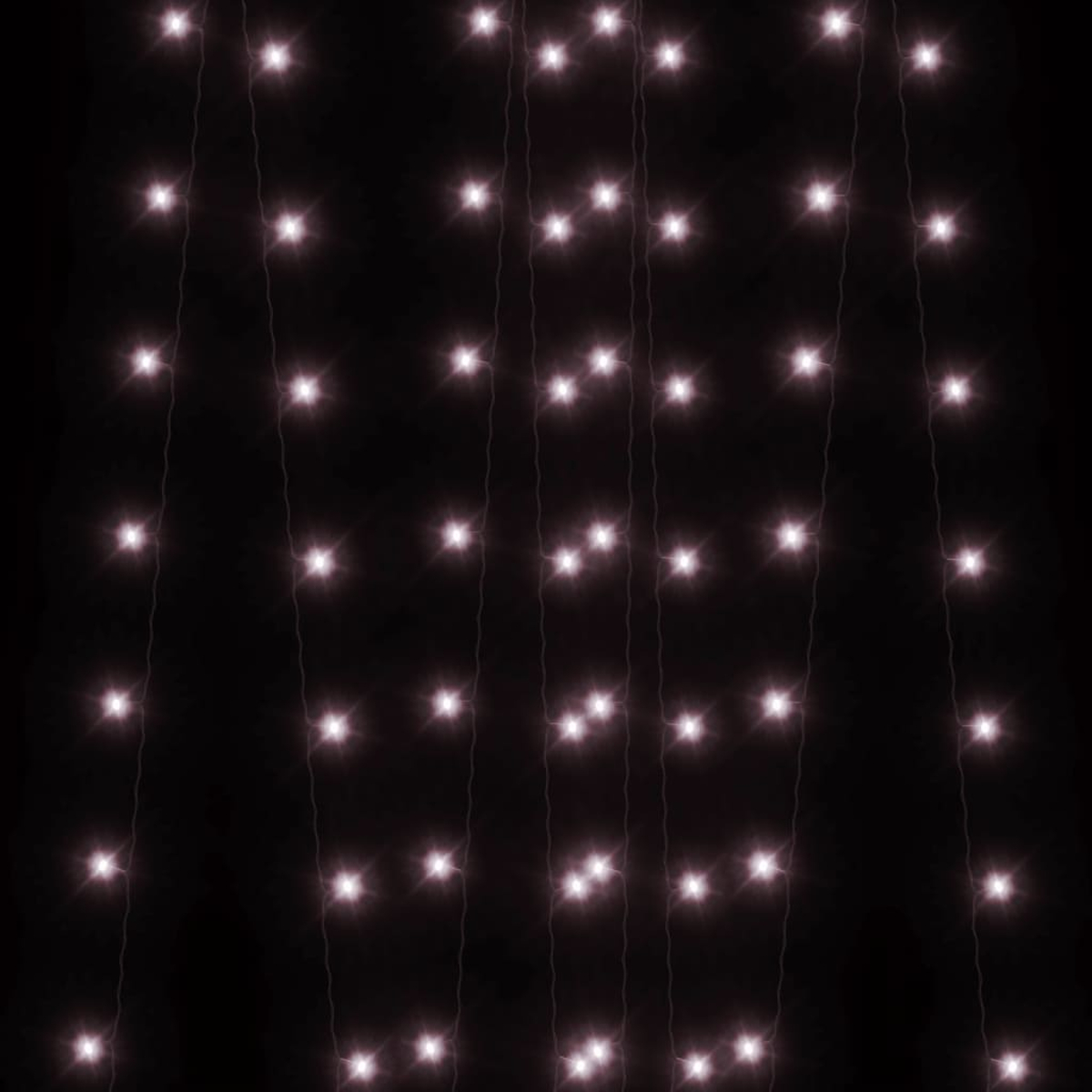 Vertikale Stränge aus kleinen, hellweißen Lichtern vor einem schwarzen Hintergrund. Die Lichter sind gleichmäßig verteilt.