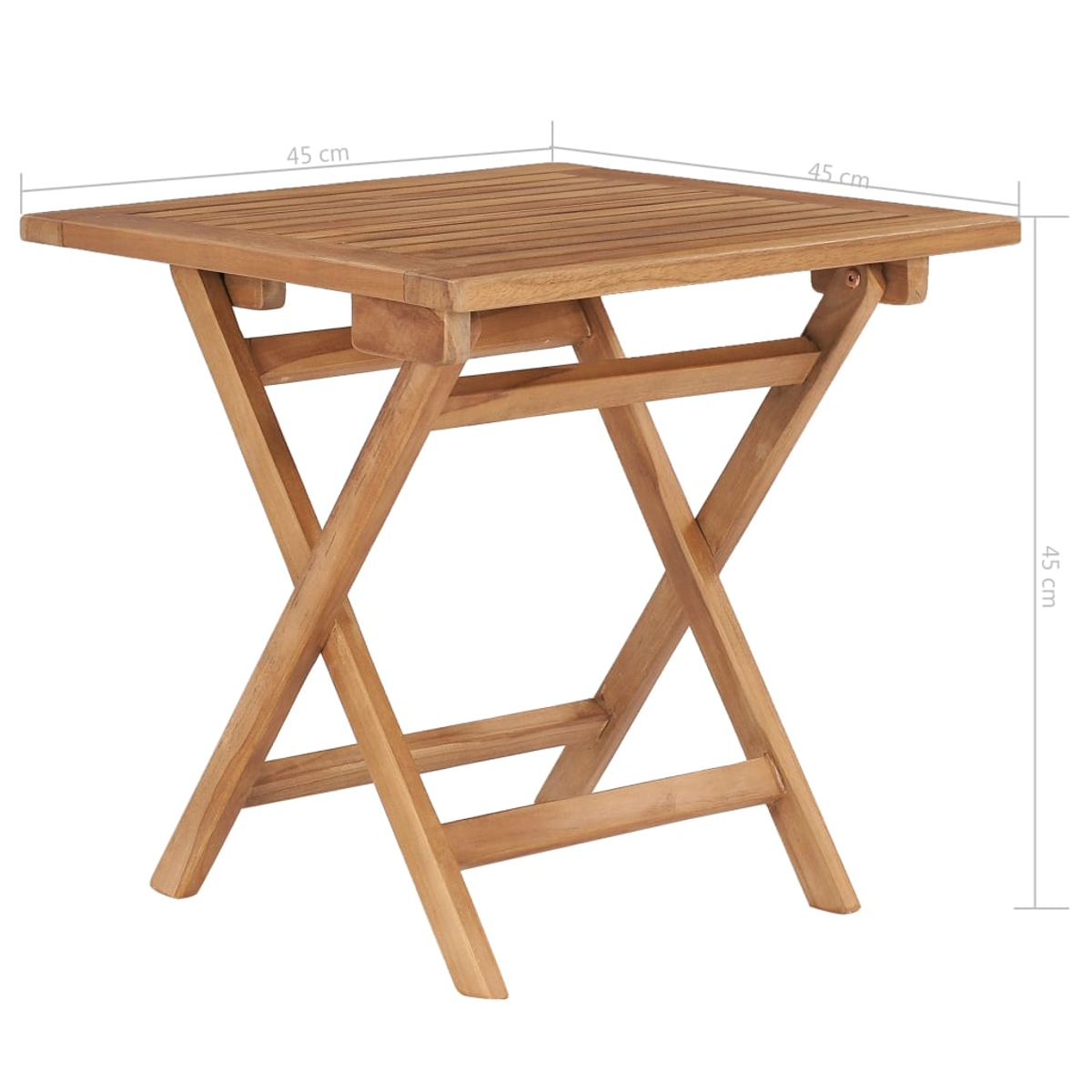 Ein kleiner, quadratischer, zusammenklappbarer Holztisch. Der Tisch ist hellbraun und misst 45 cm auf jeder Seite. Die Beine sind gekreuzt.