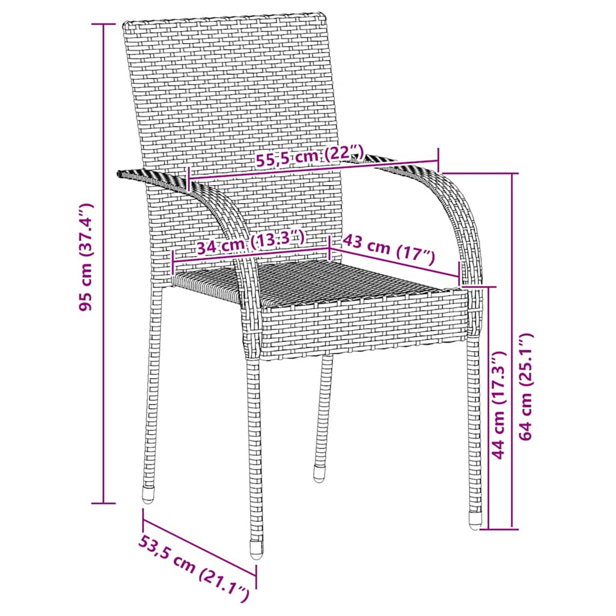 Ein Korbstuhl mit Armlehnen. Maße sind angegeben: 95 cm, 55,5 cm, 34 cm, 43 cm, 53,5 cm, 44 cm und 64 cm.