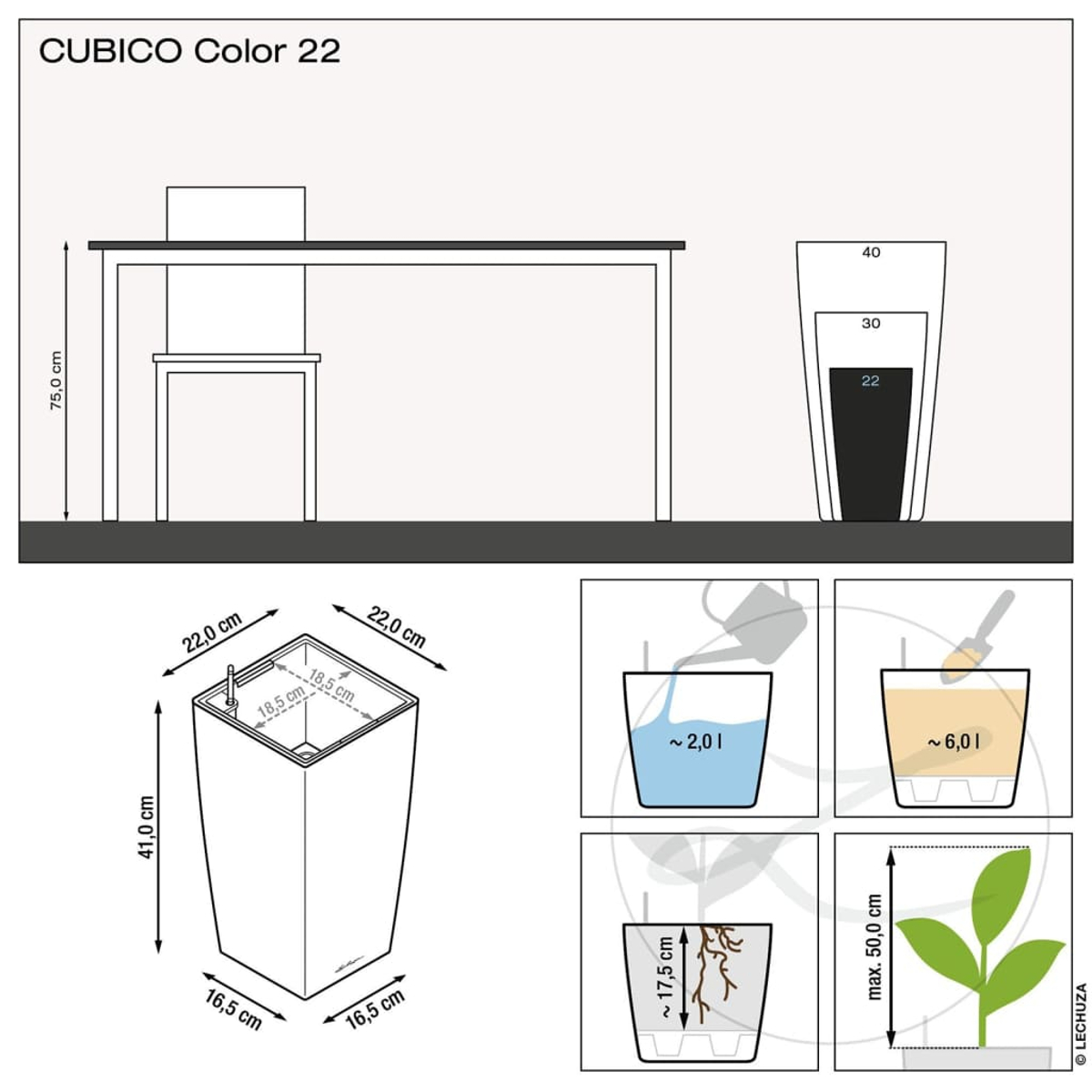 Diagramme montrant un pot avec des mesures, une table et des schémas d'arrosage et de plantation. Les dimensions du pot sont également détaillées.