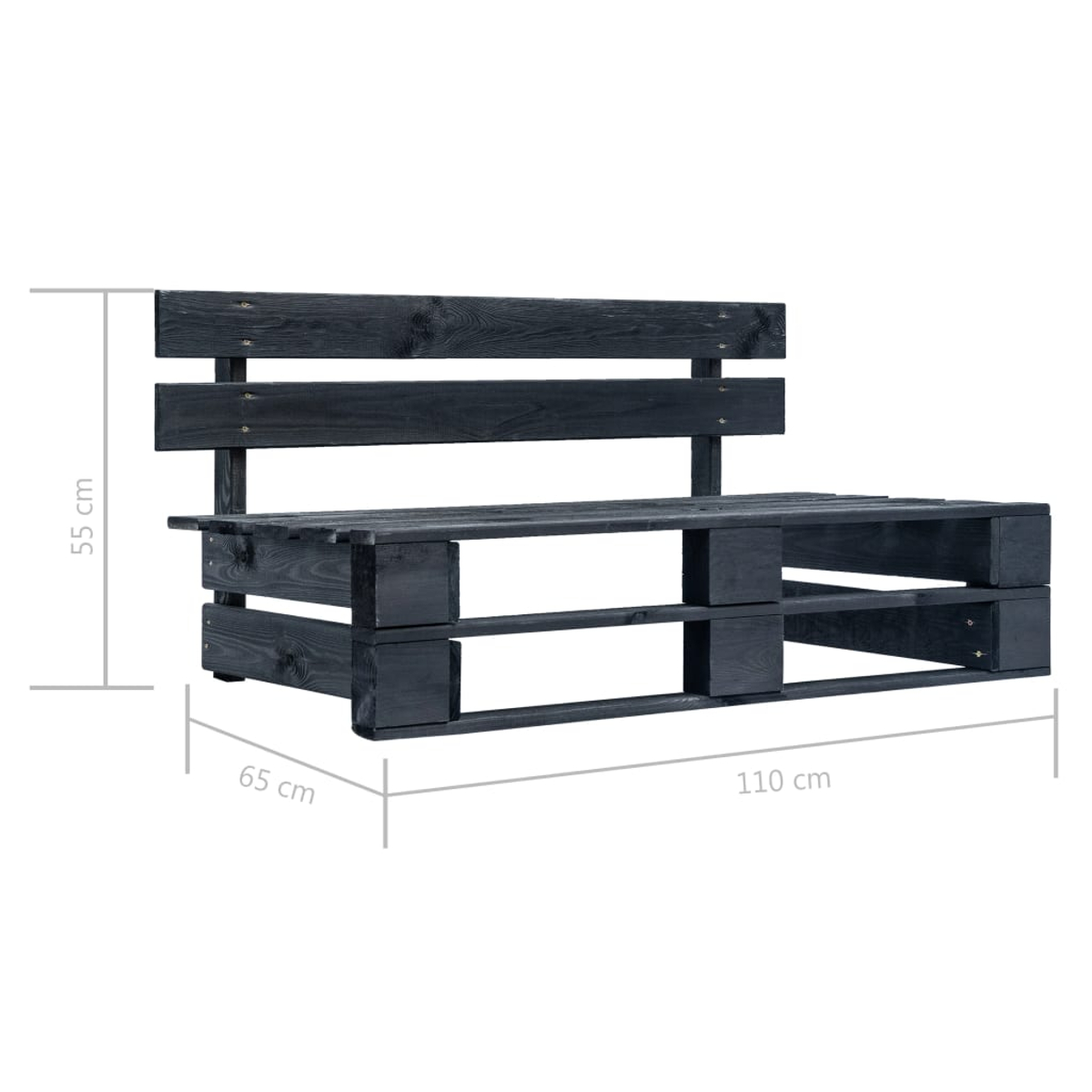 Eine schwarze Holzpalettenbank mit Rückenlehne. Die Abmessungen sind 110 cm lang, 65 cm breit und 55 cm hoch.