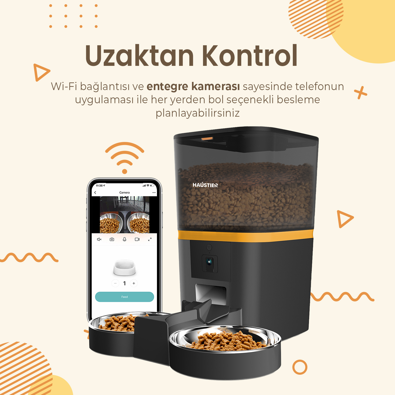 Kamera görüntüsünü ve besleme seçeneklerini gösteren bir telefonla akıllı bir evcil hayvan besleyici. Besleyici, kaselerle siyah ve sarıdır.