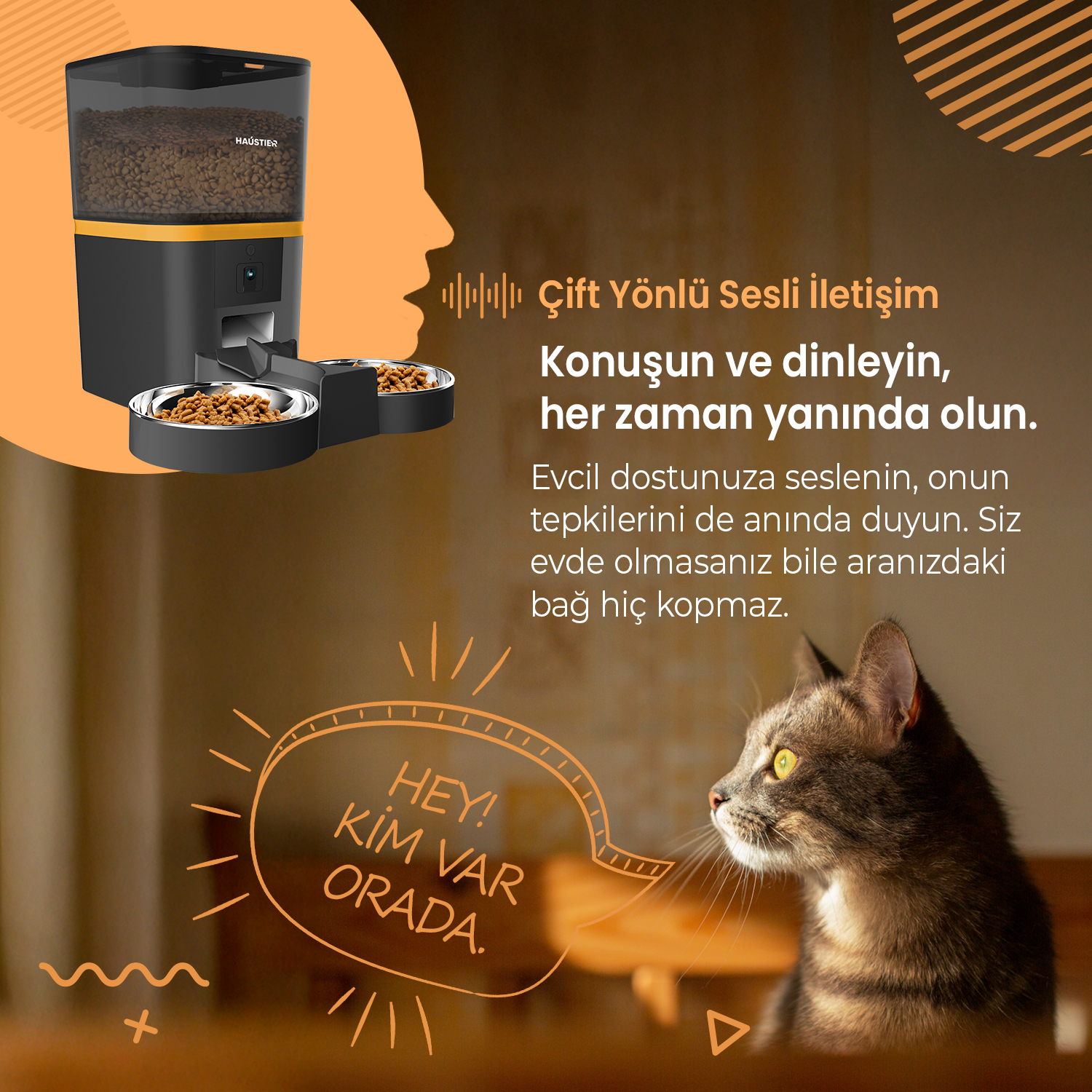 Bir kedi bir mama kabına bakıyor. Metin: Hey! Kim var orada. Dağıtıcıda mama var. Turuncu arka plan.