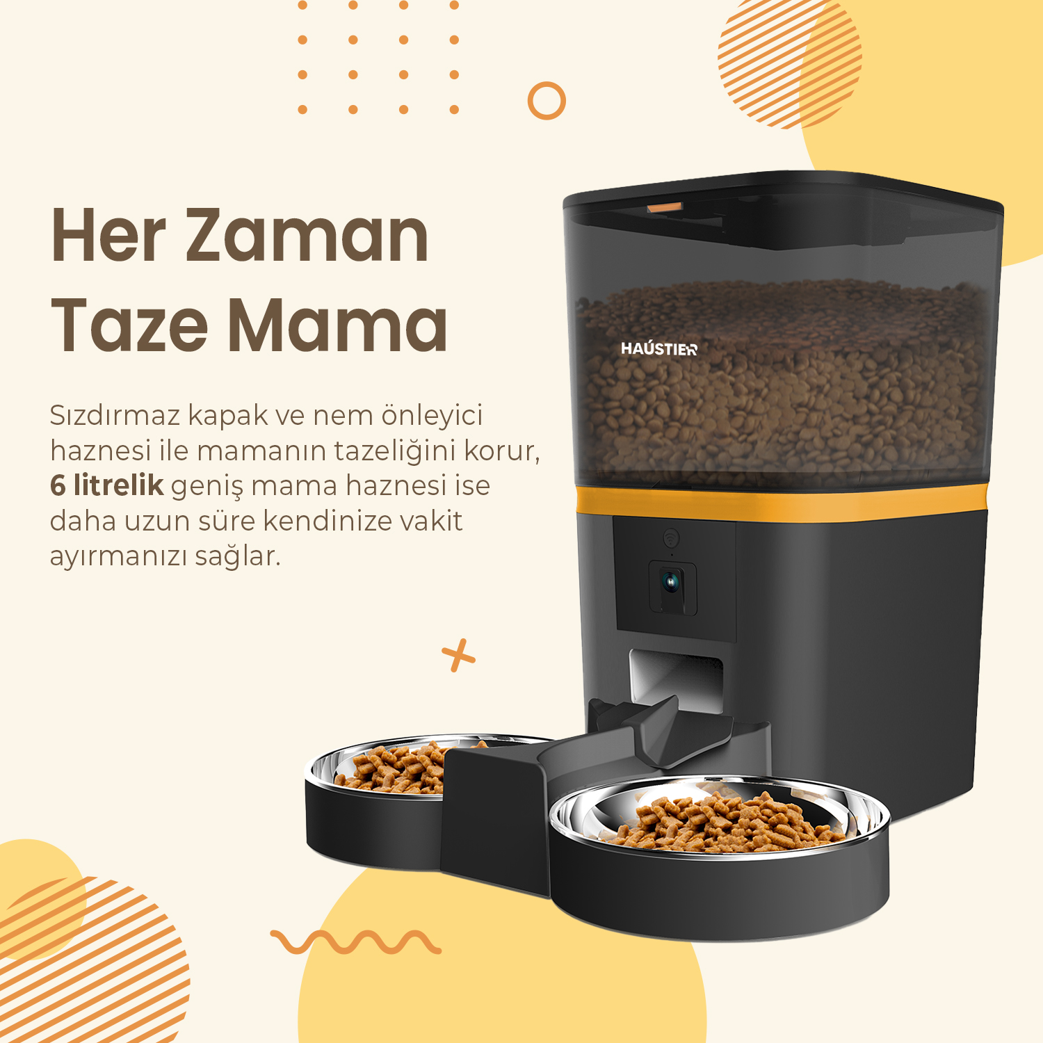 İki kaplı otomatik bir evcil hayvan besleyici. Siyah ve sarı bir tasarıma ve hayvan maması dolu bir kaba sahiptir.