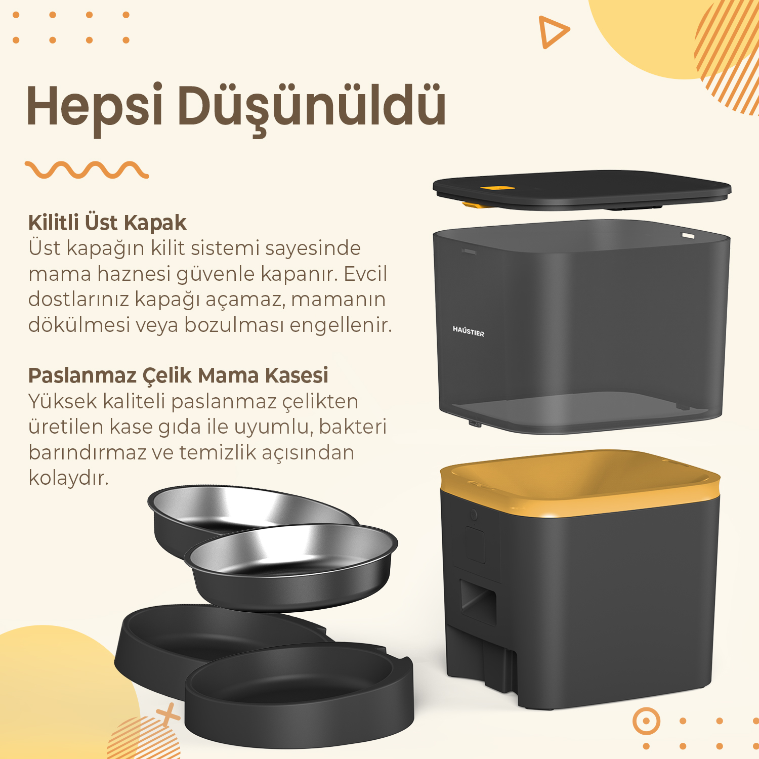 Otomatik evcil hayvan besleyici. Siyah ve sarı. Bir mama kabı ve kilitli bir kapak içerir.