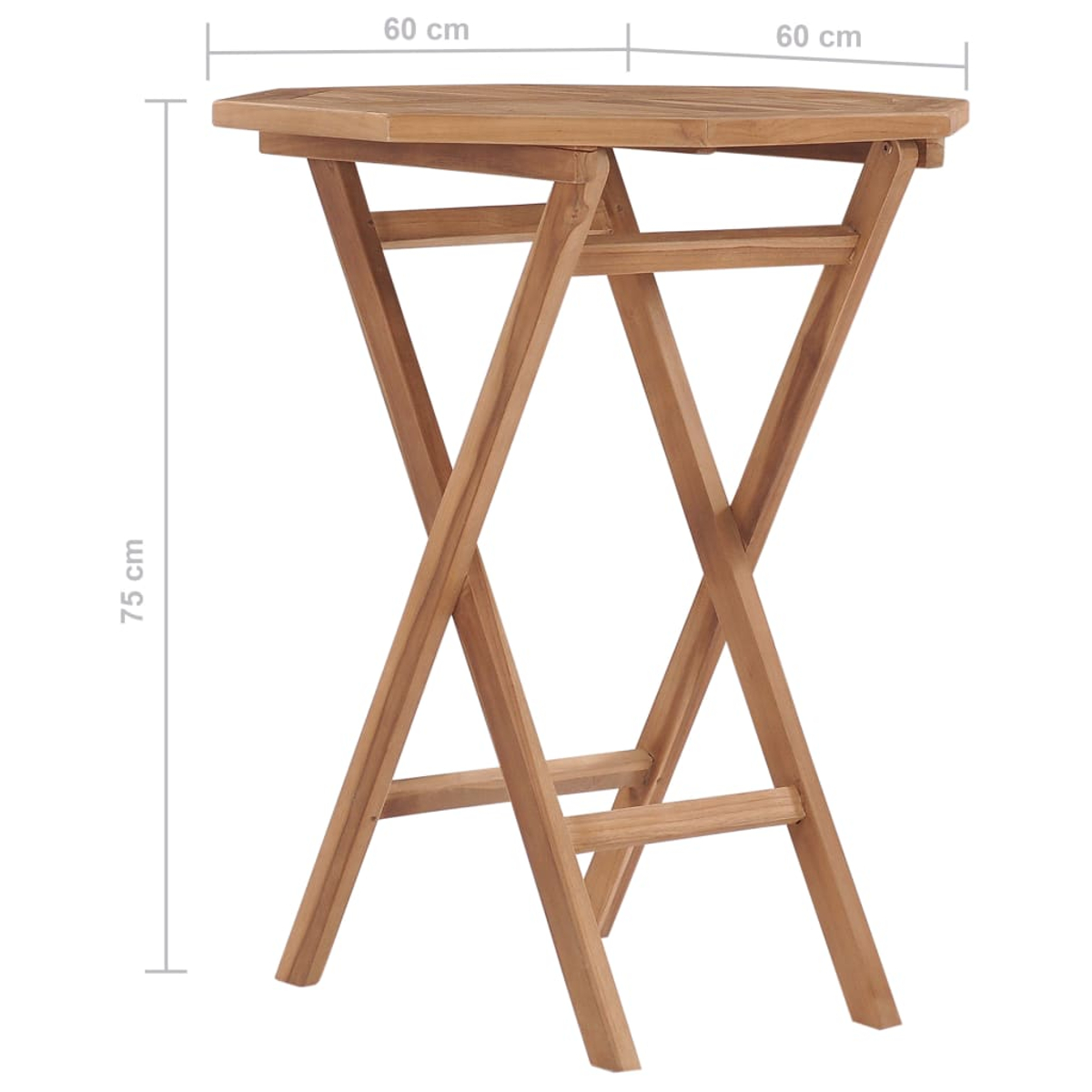 Ein hölzerner, zusammenklappbarer Gartentisch. Er hat eine achteckige Tischplatte und gekreuzte Beine. Maße sind angegeben: 60cm, 75cm.