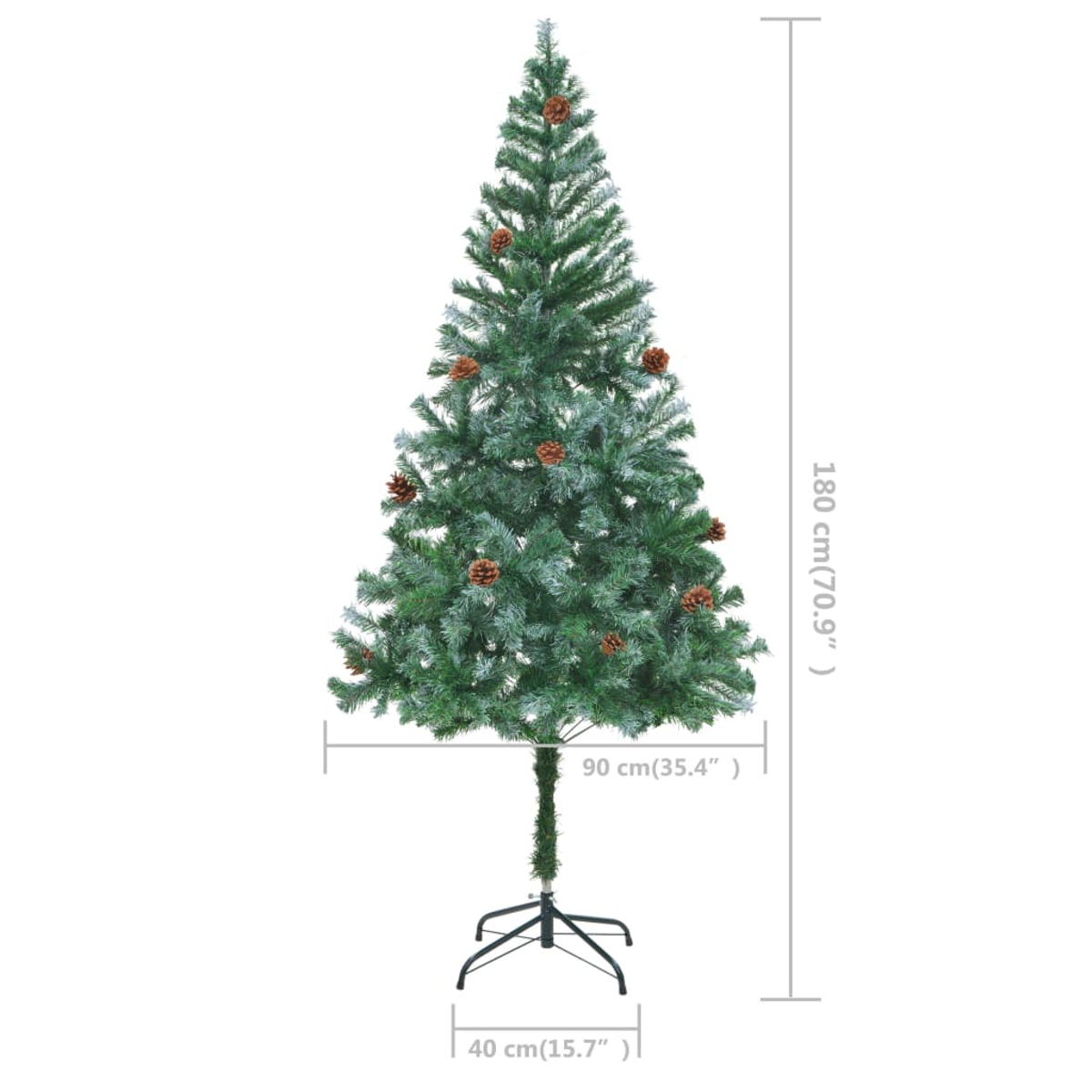 Ein grüner künstlicher Weihnachtsbaum mit Tannenzapfen. Er ist 180 cm hoch und hat eine 90 cm breite Basis mit einem 40 cm breiten Ständer.