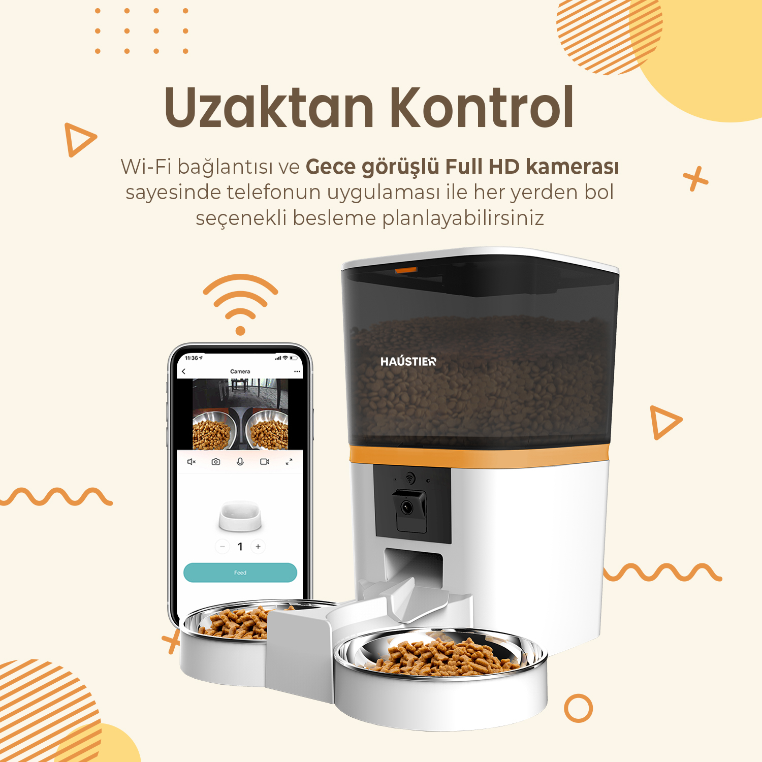 Bir akıllı telefon ve mama kapları ile otomatik bir evcil hayvan besleyici. Telefon, besleyicinin kamera görünümünü görüntüler.