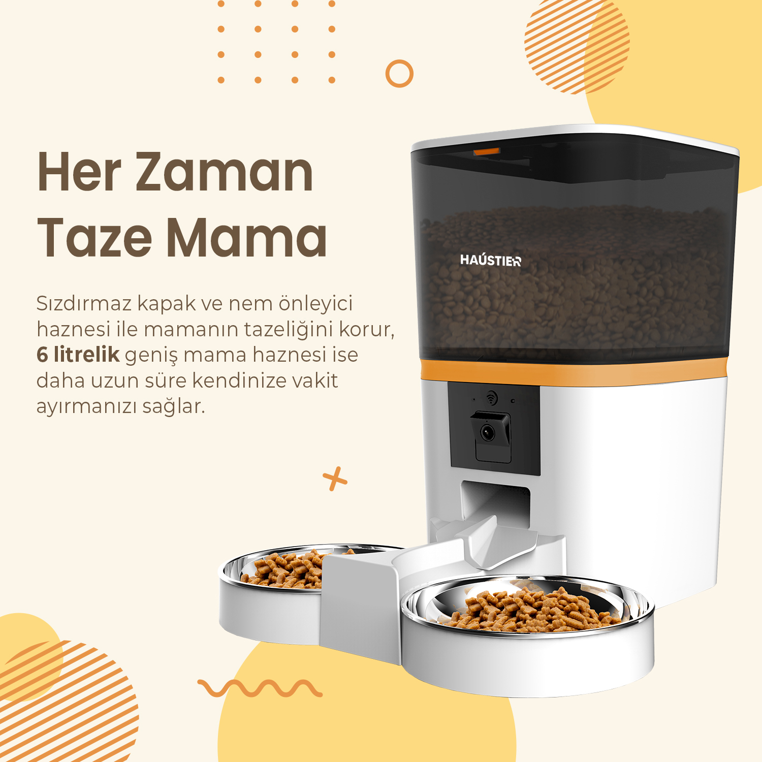 Kuru mama ile çalışan otomatik evcil hayvan besleyici. Besleyici, 'HAUSTIER' markasıyla beyaz ve turuncudur.