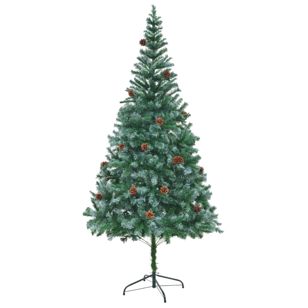 Ein grüner Weihnachtsbaum mit Tannenzapfen. Er steht auf einem schwarzen Metallständer vor weißem Hintergrund.