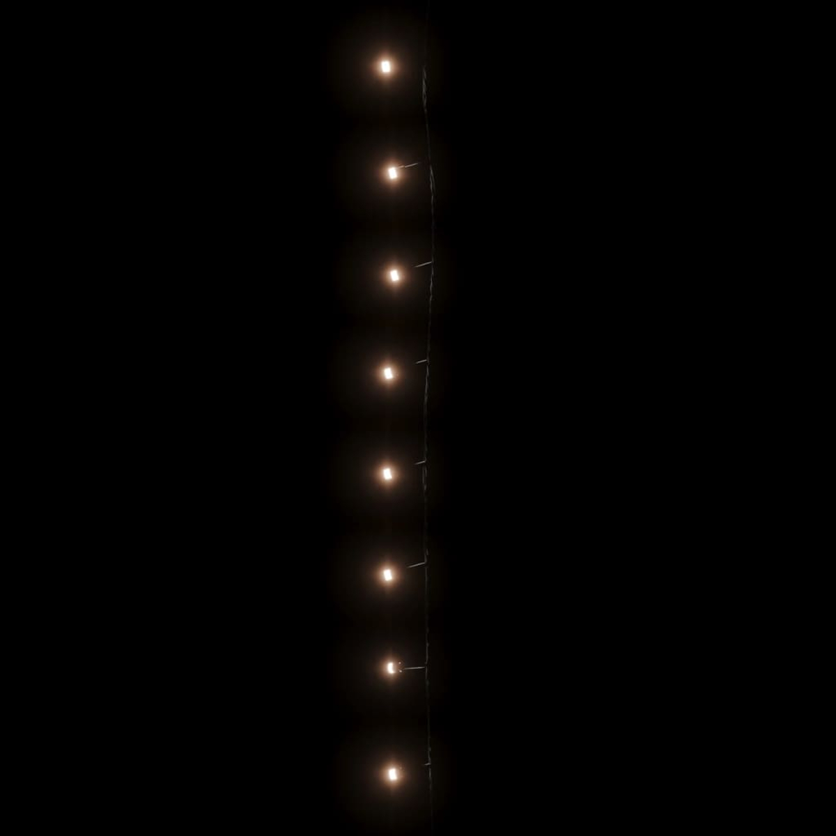 Vertikale Lichterkette mit kleinen, leuchtenden Lichtern vor schwarzem Hintergrund. Lichter sind gleichmäßig verteilt und warm getönt.