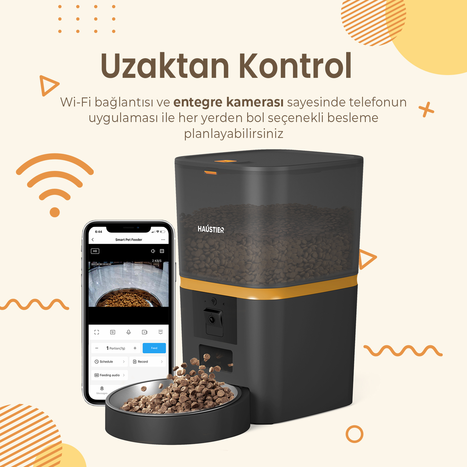 Kontrol uygulaması gösteren bir telefonla akıllı bir evcil hayvan besleyici. Mama bir kaseye dağıtılıyor. Arka plan turuncu tasarım öğelerine sahip.