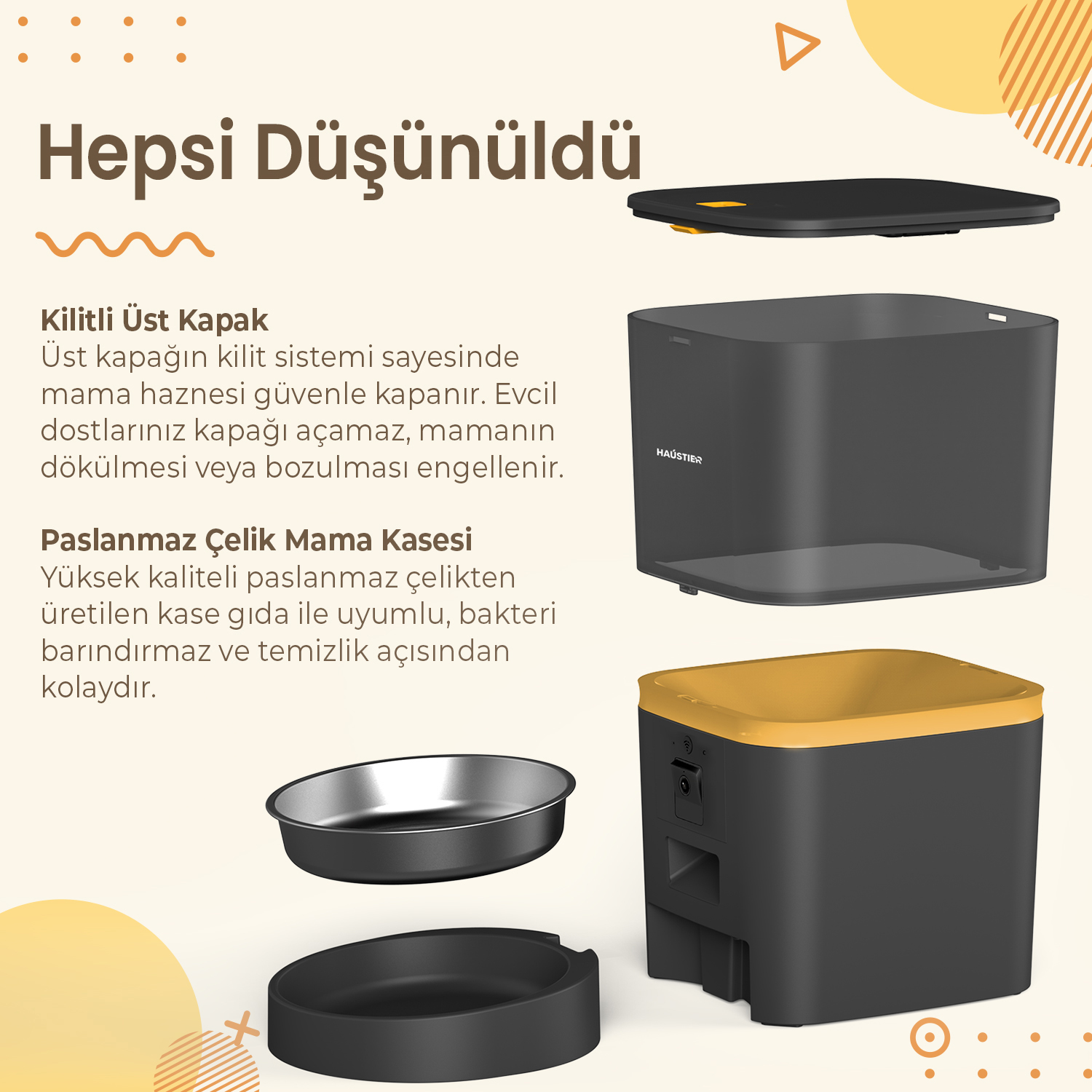 Bir reklam, siyah ve altın renkli bir evcil hayvan mama kabını, paslanmaz çelik bir kap gibi parçalarını ve özelliklerini gösteriyor.