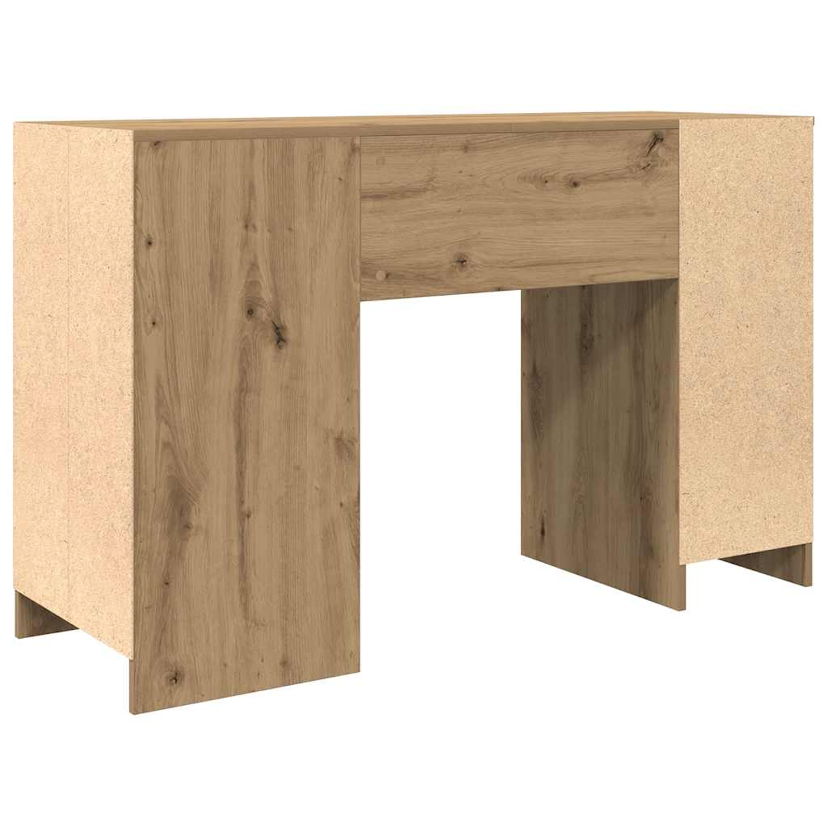 Ein hölzerner Schreibtisch mit rechteckiger Oberseite, einer zentralen Schublade und zwei Seitenteilen. Der Schreibtisch hat eine natürliche Holzmaserung.