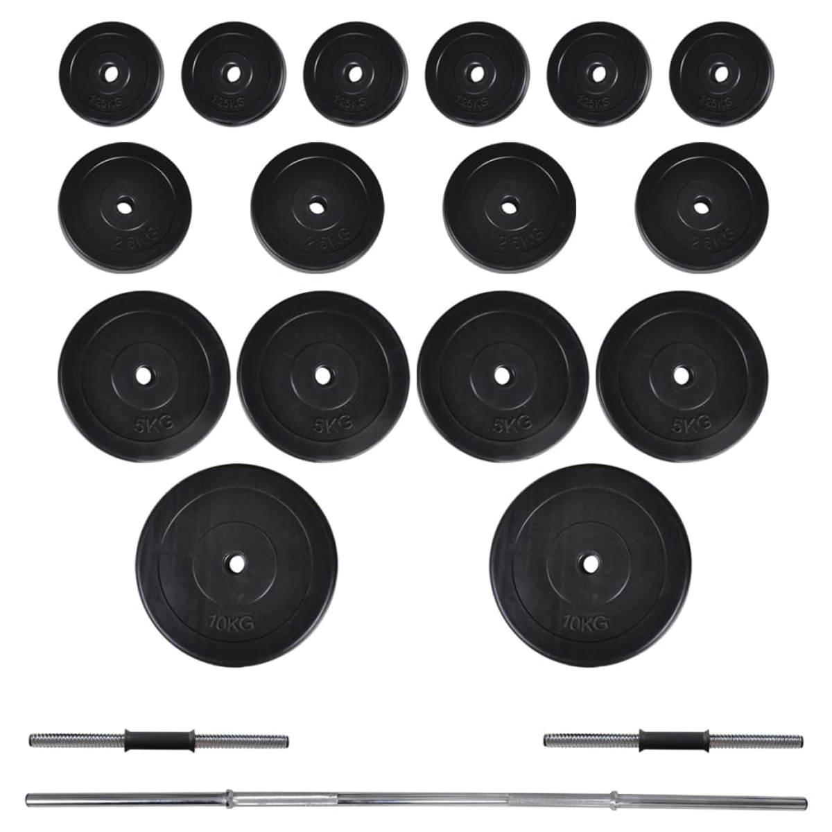 Ein Satz schwarzer Gewichtsplatten verschiedener Größen und eine Langhantel. Die Platten sind mit Gewichten beschriftet. Der Hintergrund ist weiß.
