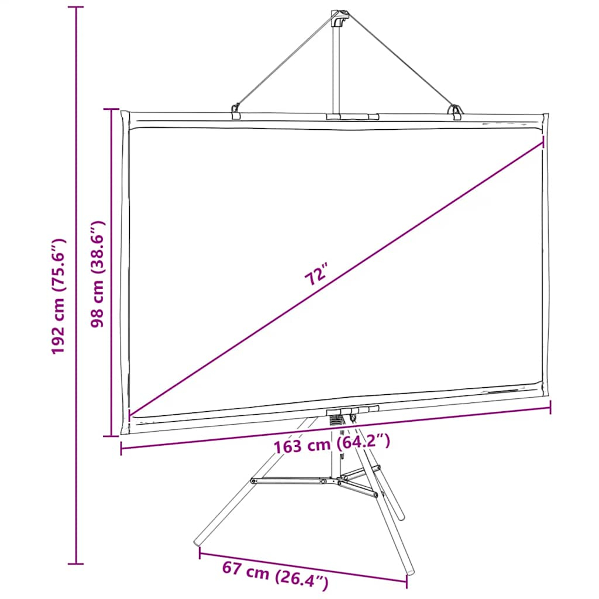 Eine Projektionsleinwand auf einem Stativ. Die Abmessungen sind beschriftet: 192 cm (75,6"), 98 cm (38,6"), 163 cm (64,2"), 67 cm (26,4"), und 72".