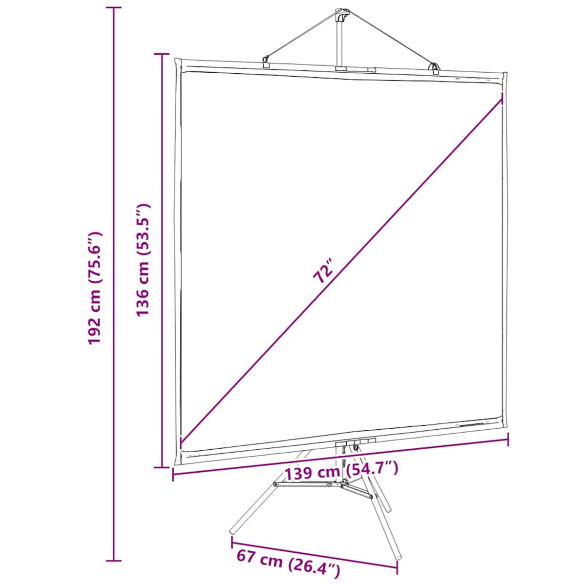 Eine Projektionsleinwand steht auf einem Stativ. Abmessungen sind beschriftet: 192 cm, 136 cm und 72 Zoll. Der Bildschirm ist weiß.