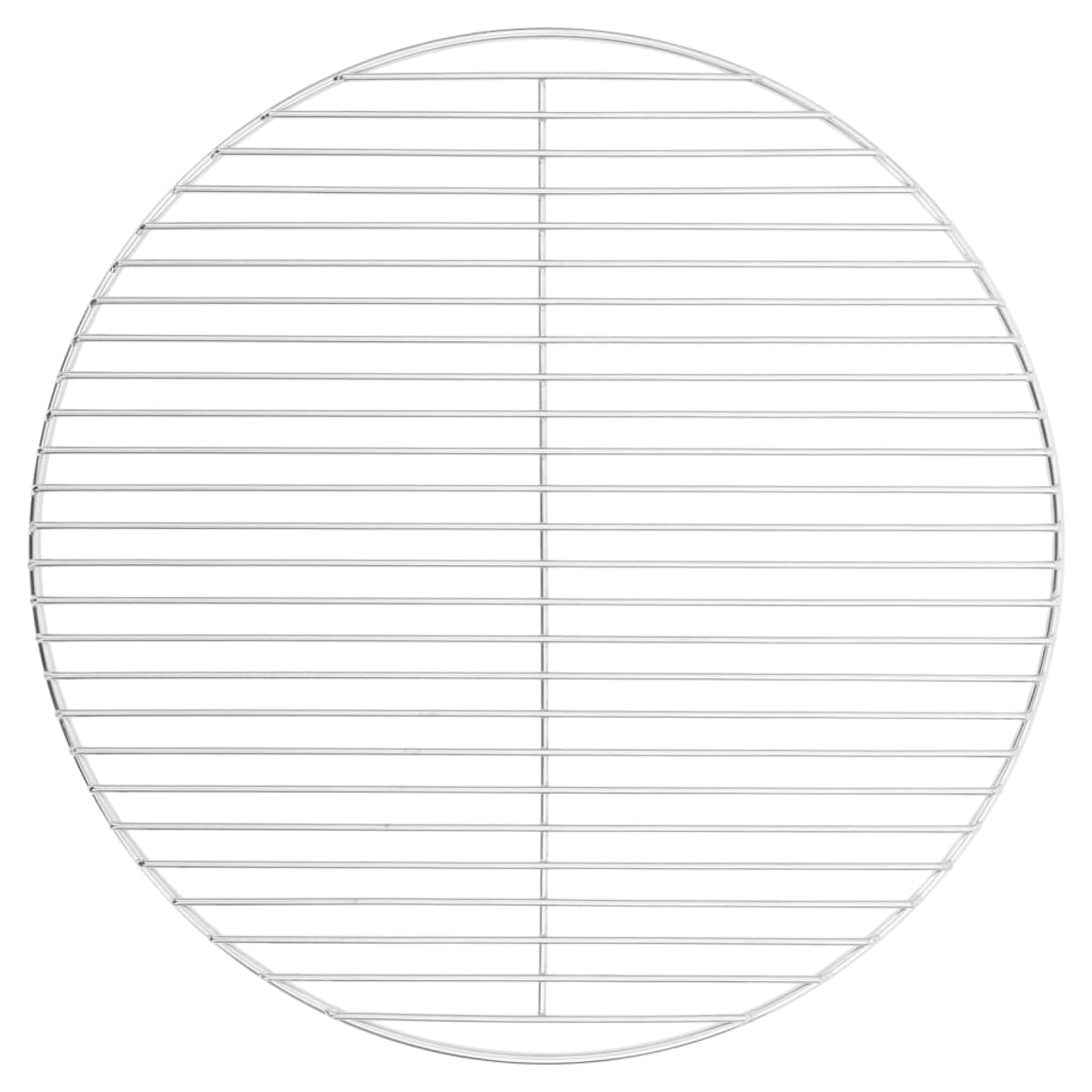 Ein kreisförmiger, silberfarbener Grillrost. Er hat viele horizontale Stäbe und vertikale Stützen, die ein Gittermuster bilden. Der Hintergrund ist weiß.