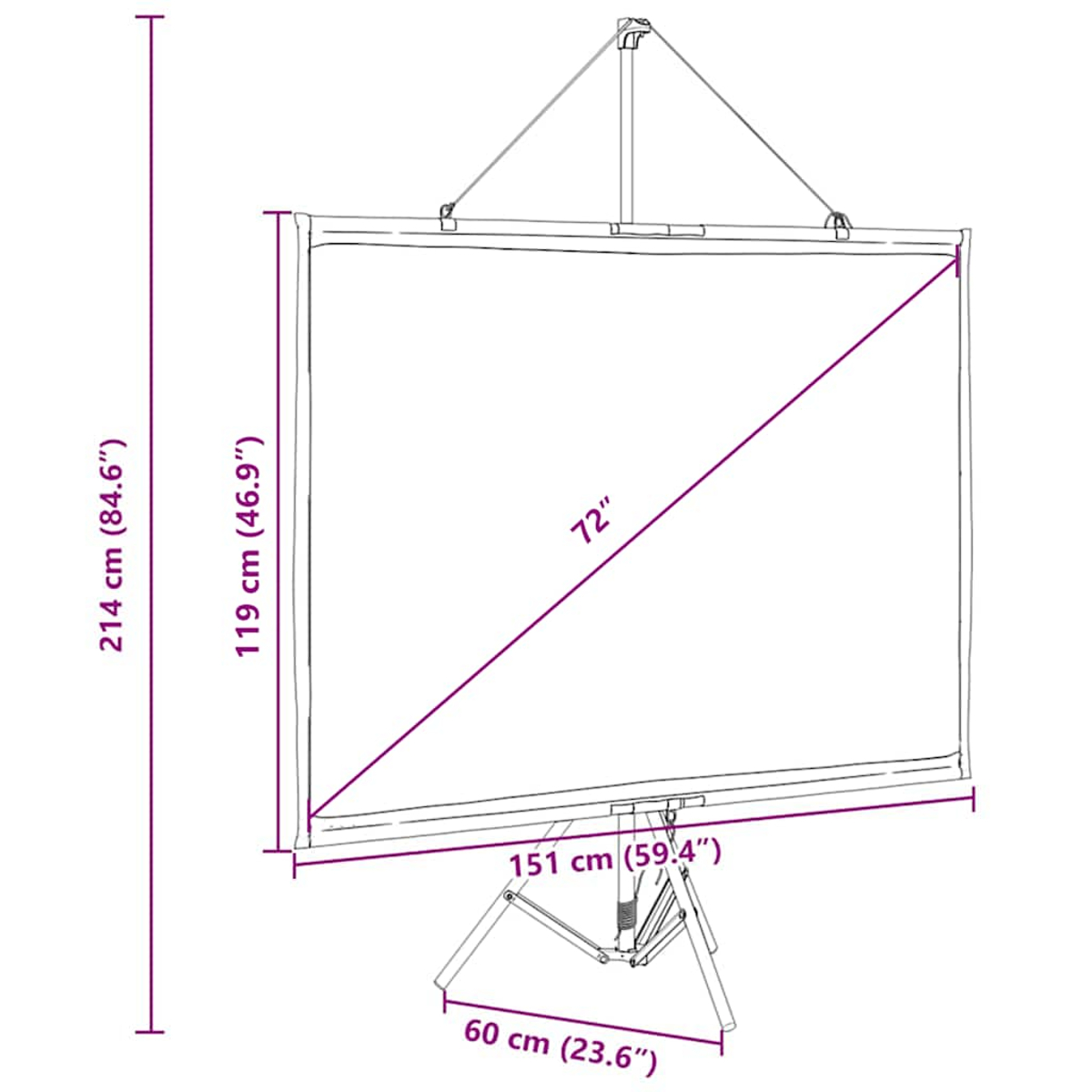 Eine Projektorleinwand auf einem Stativ. Abmessungen: 214 cm Höhe, 119 cm Breite, 60 cm Basis und 151 cm Standbreite. Diagonale ist 72 Zoll.