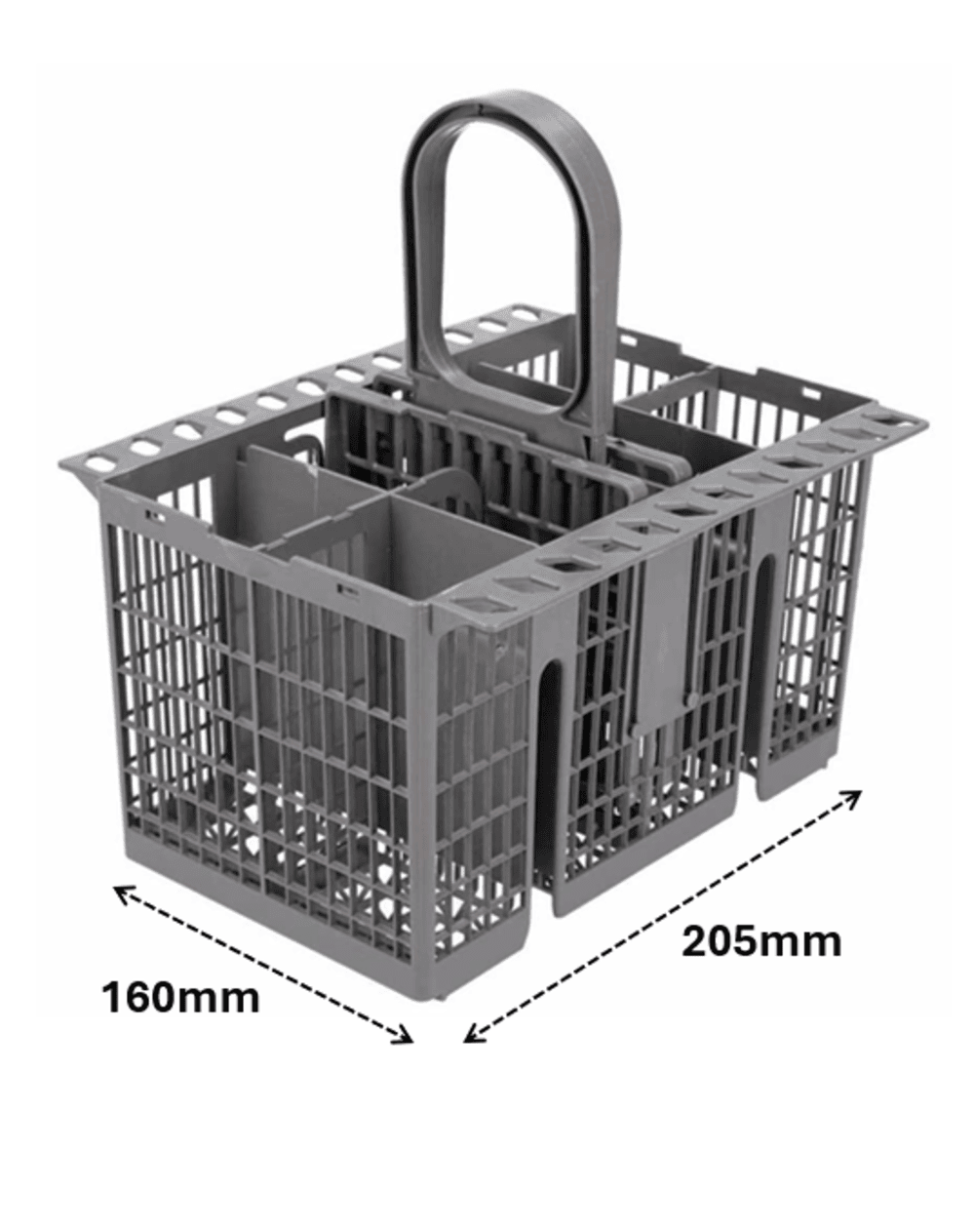 Una cesta gris para cubiertos de lavavajillas con asa, dimensiones 160 mm x 205 mm, dividida en compartimentos.